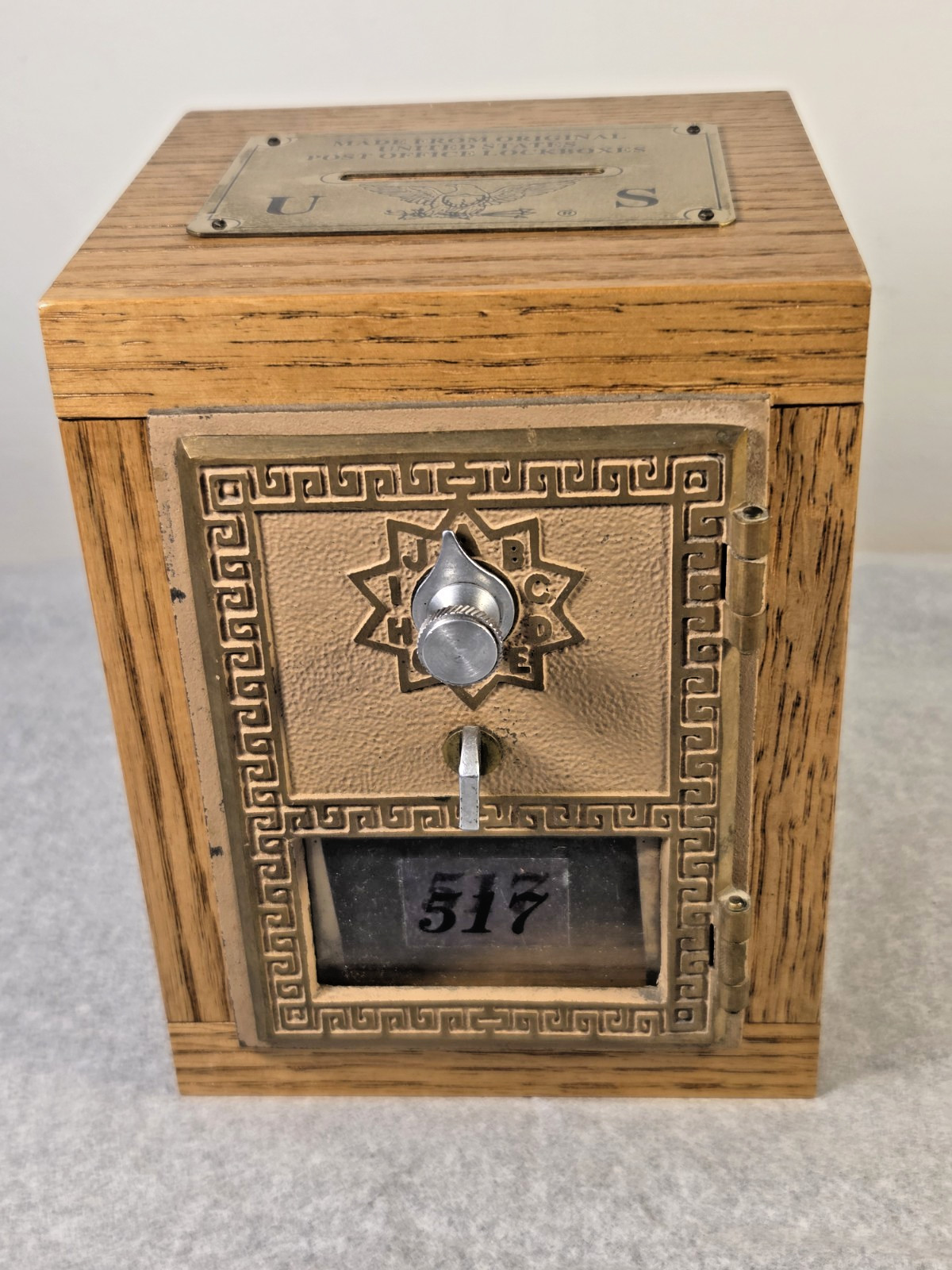 Vintage Authentic US Post Office Box Door Wooden Coin Bank Oak Single Dial #517 Vintage Authentic US Post Office Box Door Wooden Coin Bank Oak Single Dial #517