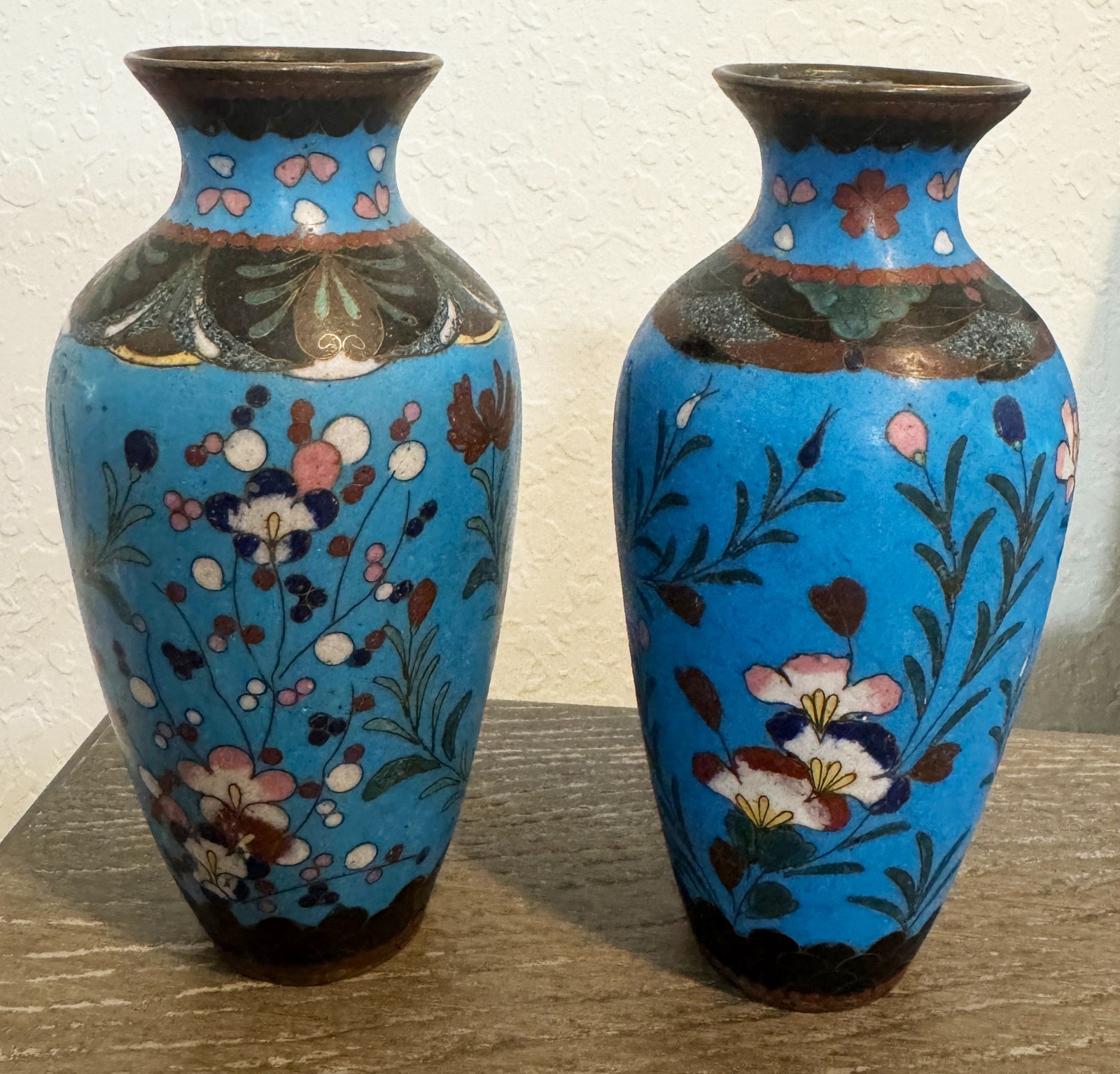 Pair 19th C. Japanese Cloisonne Enamel Bronze Vases Matte blue floral 6
