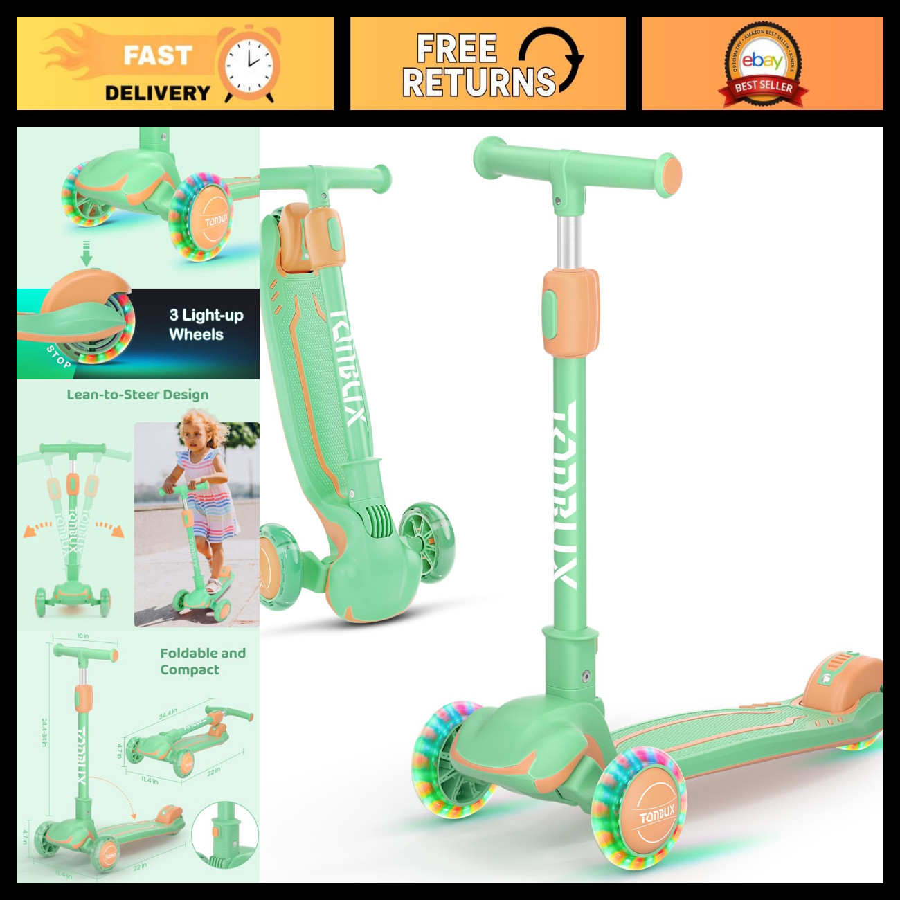 3-Wheel Kids Scooter Ages 3-12, Light-Up Foldable, Adjustable Height, Lean-to-St 3-Wheel Kids Scooter Ages 3-12, Light-Up Foldable, Adjustable Height, Lean-to-St