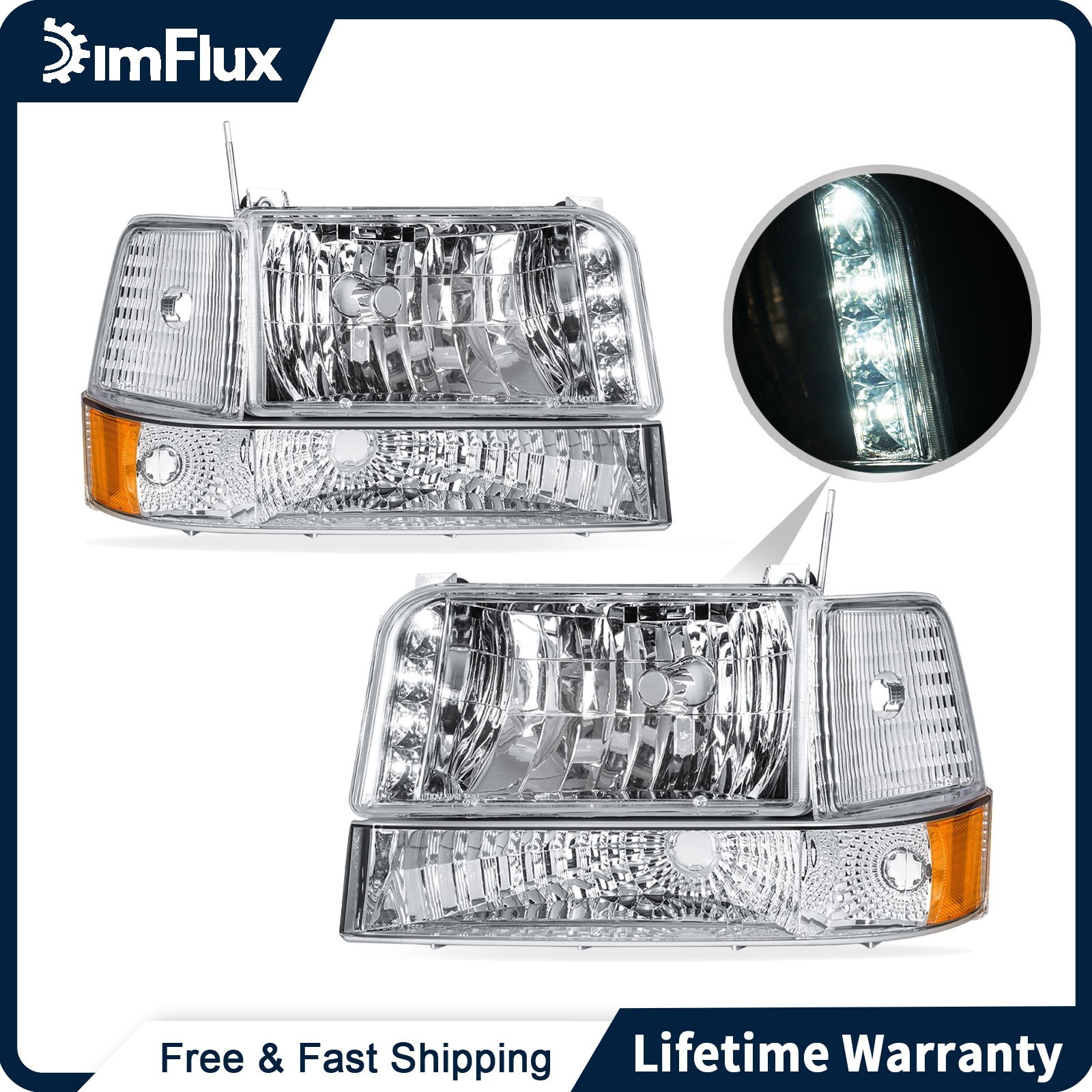 DimFlux LED DRL Headlights for 92-96 Ford F150 F250 F350 Bronco Chrome Housing DimFlux LED DRL Headlights for 92-96 Ford F150 F250 F350 Bronco Chrome Housing