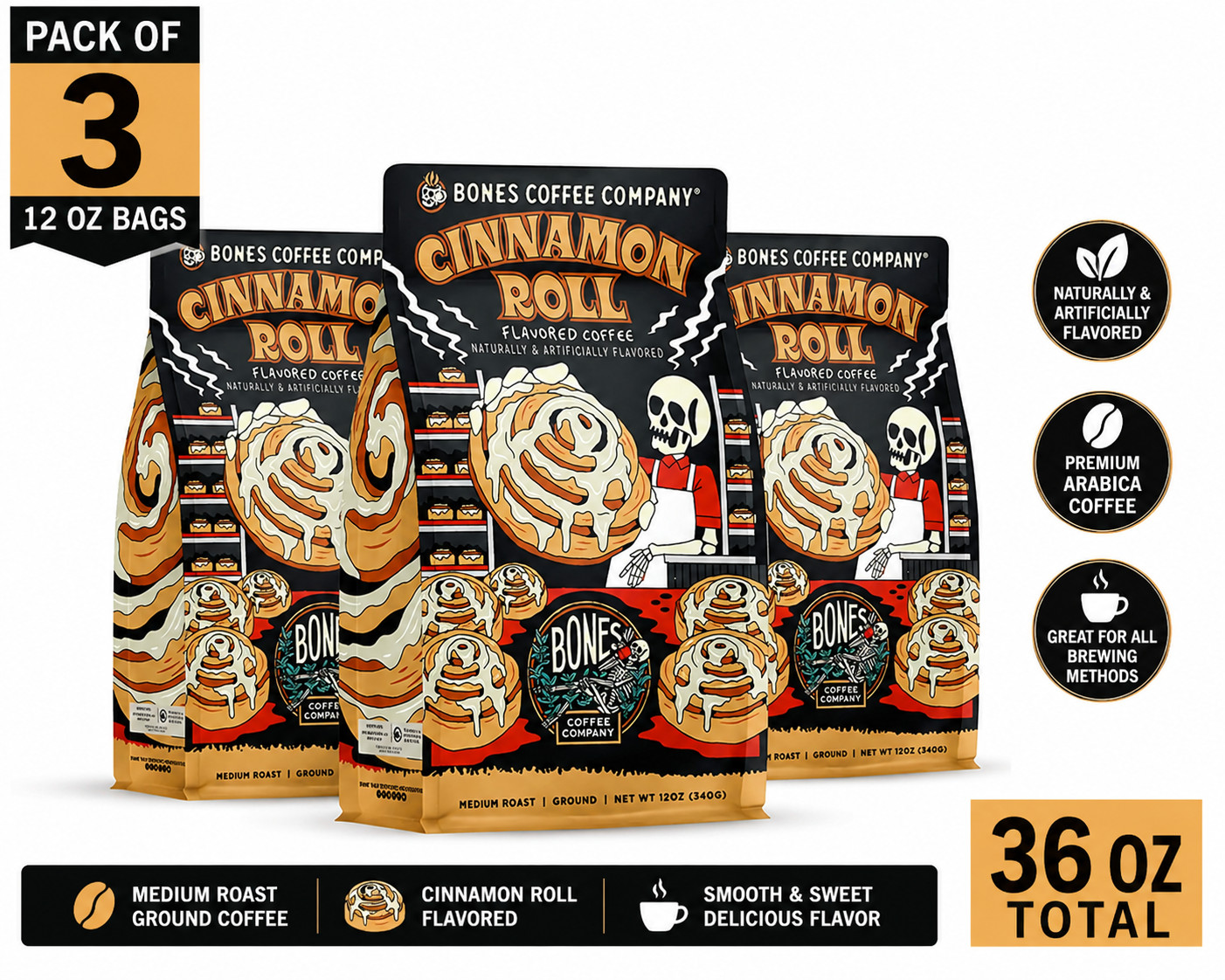 Bones Coffee Cinnamon Roll Ground Coffee 12 oz Bags Pack of 3 Medium Roast Bones Coffee Cinnamon Roll Ground Coffee 12 oz Bags Pack of 3 Medium Roast