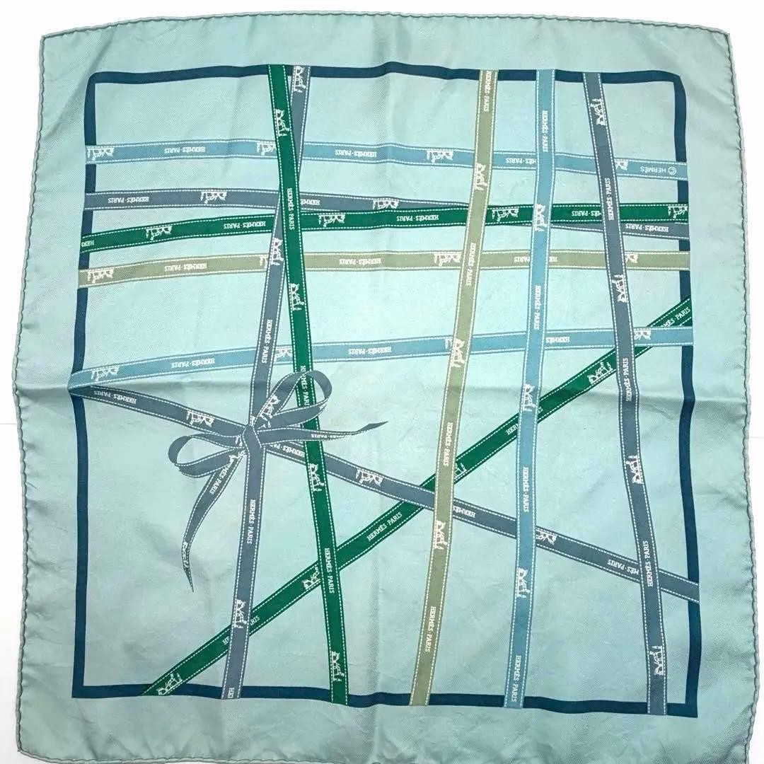 Hermes Carre 45 Gavroche Bolduc Ribbon Silk Scarf Light Blue Excellent