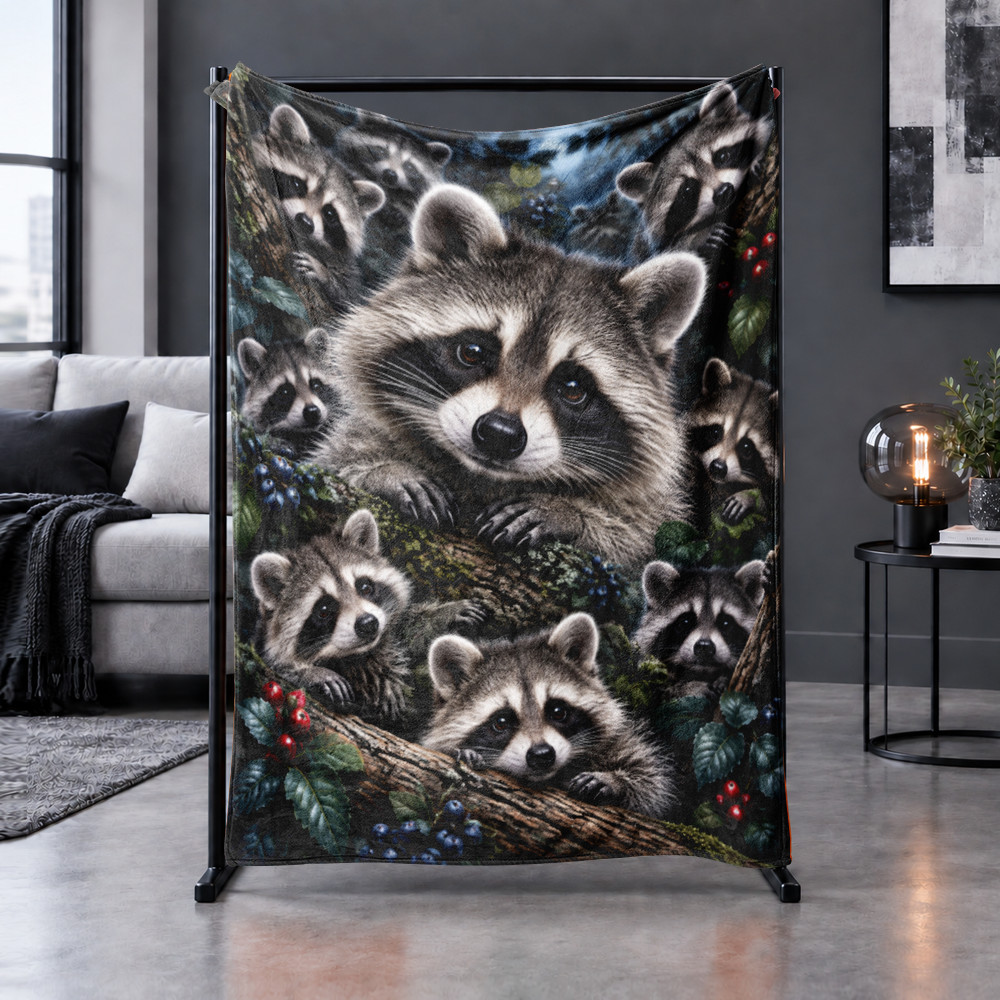 Raccoons Forest Berries Coral Fleece Blanket Dark Woodland Decor