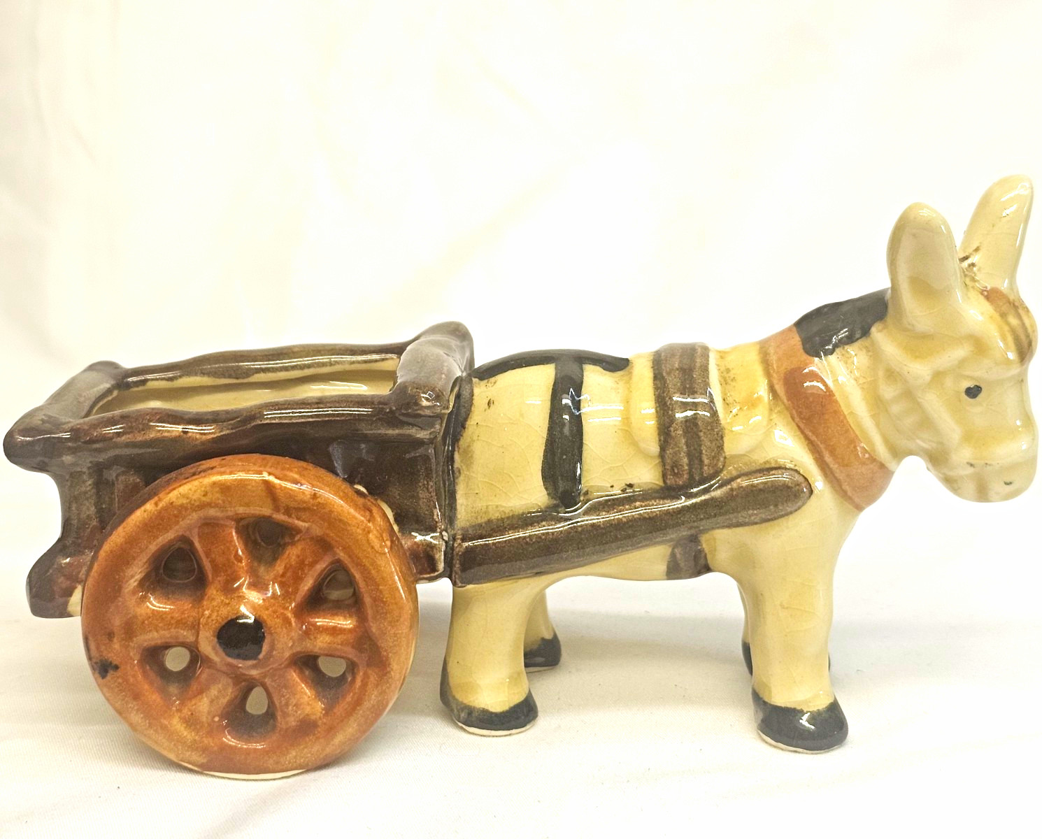 Vintage Japan Ceramic Donkey Cart Planter Hand Painted