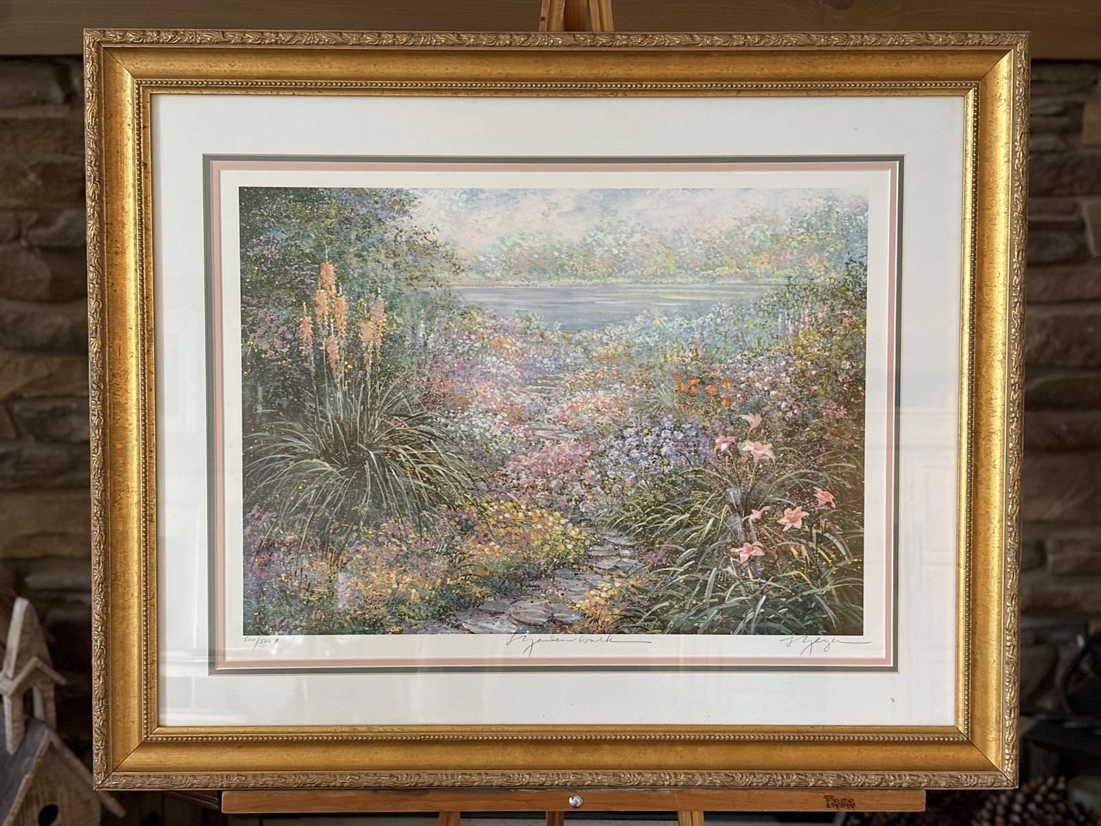 Vintage Linda Geyer “Garden Walk” Signed Framed Art Print BOOKEND 500/500 31x26”