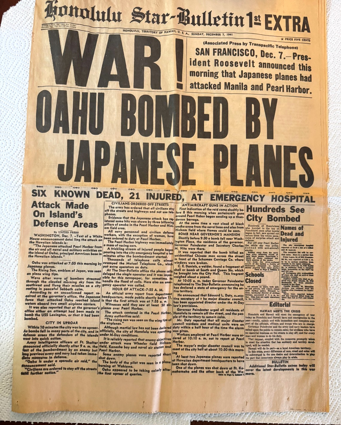HONOLULU STAR BULLETIN 1ST EXTRA, 2ND EXRA & 3RD EXTRA NEWSPAPER DEC 7 1941