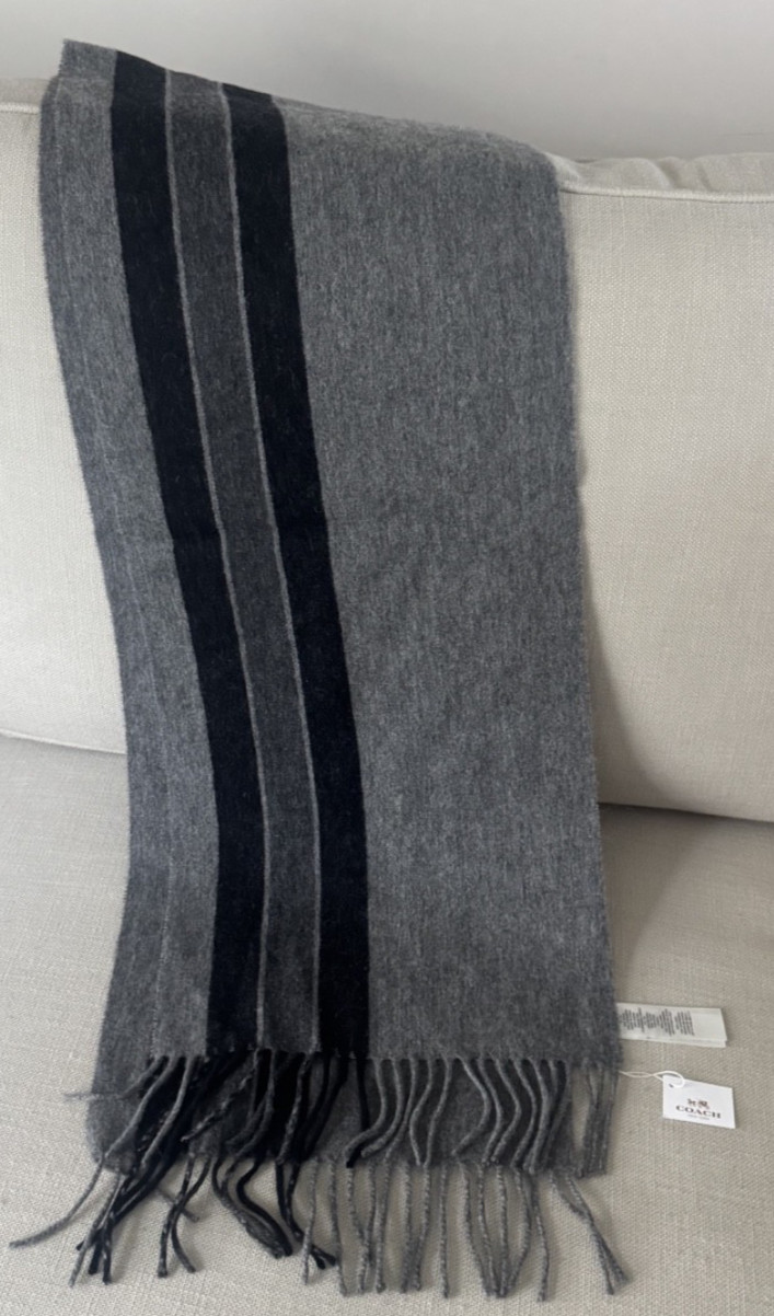 Coach Men\'s Cashmere Wool Varsity Stripe Scarf Gray Black 74\