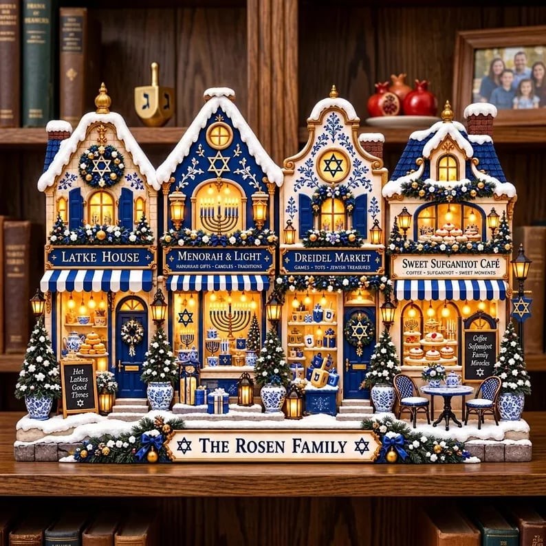 Personalized Hanukkah Village Wooden Block, Custom Family Judaica Menorah Gift