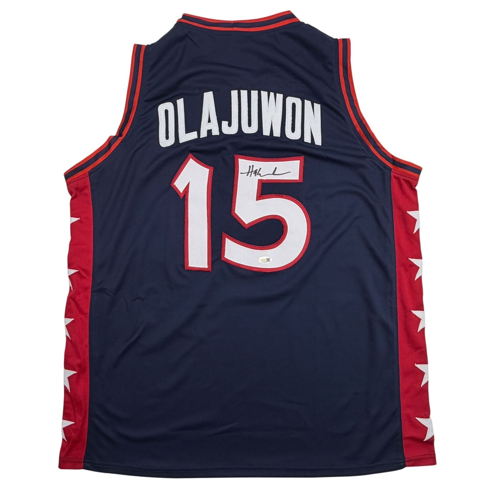 Autographed/Signed Hakeem Olajuwon United States USA Blue Jersey JSA COA Autographed/Signed Hakeem Olajuwon United States USA Blue Jersey JSA COA