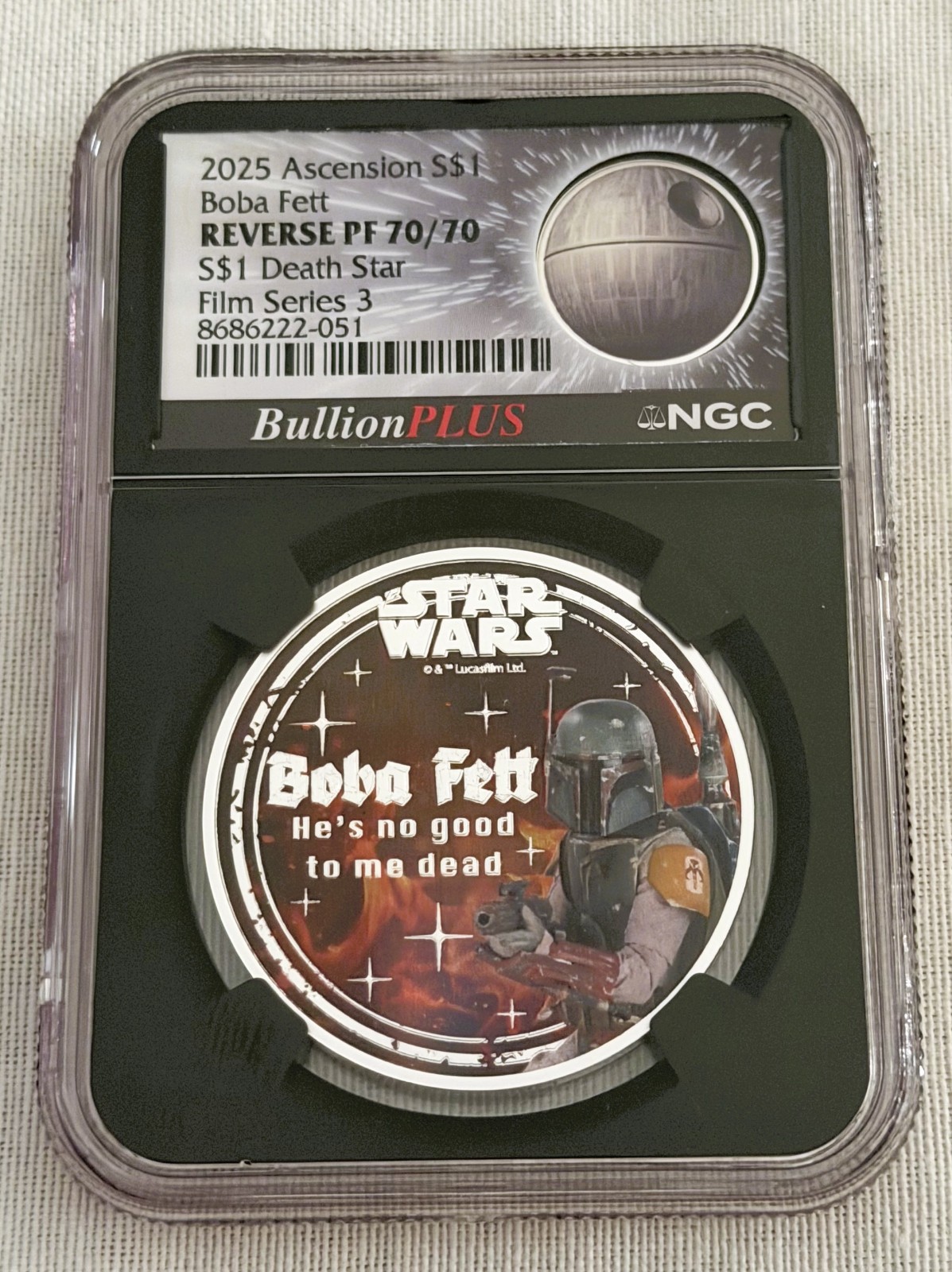 2025 S$1 Ascension Star Wars Boba Fett + Death Star NGC Reverse PF70 / 70 2025 S$1 Ascension Star Wars Boba Fett + Death Star NGC Reverse PF70 / 70