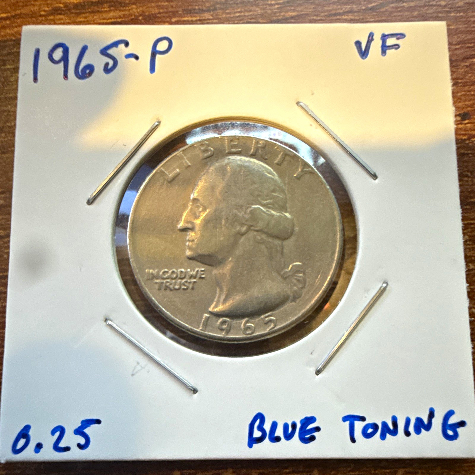 Washington Quarter 1965-P Philadelphia 25C Business VF KM#198 Clad Blue Toning