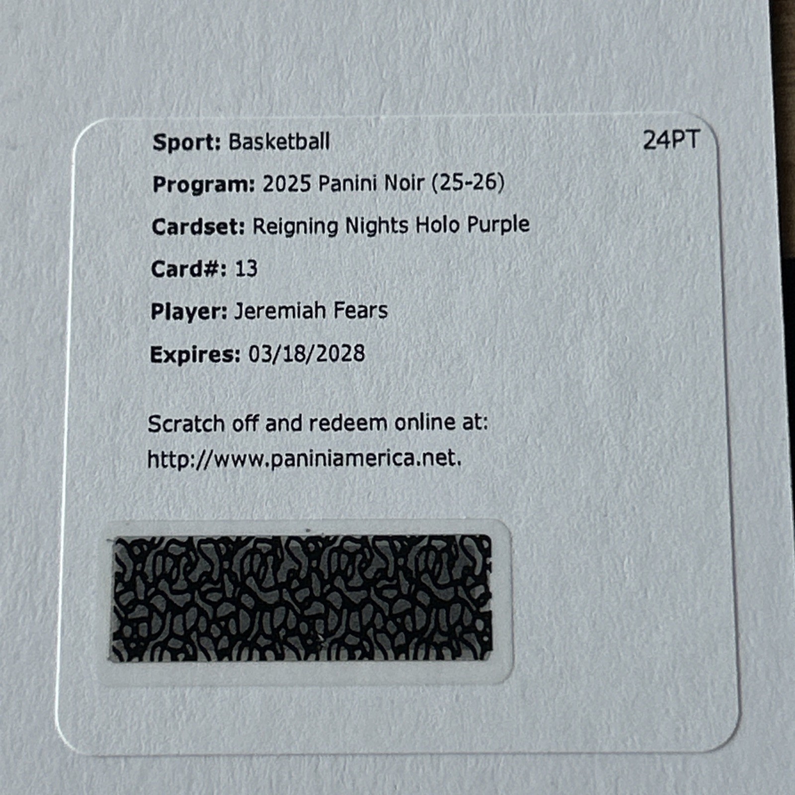 2025-26 Panini Noir Jeremiah Fears RC Reigning Nights Auto Purple /25 (1285) 2025-26 Panini Noir Jeremiah Fears RC Reigning Nights Auto Purple /25 (1285)