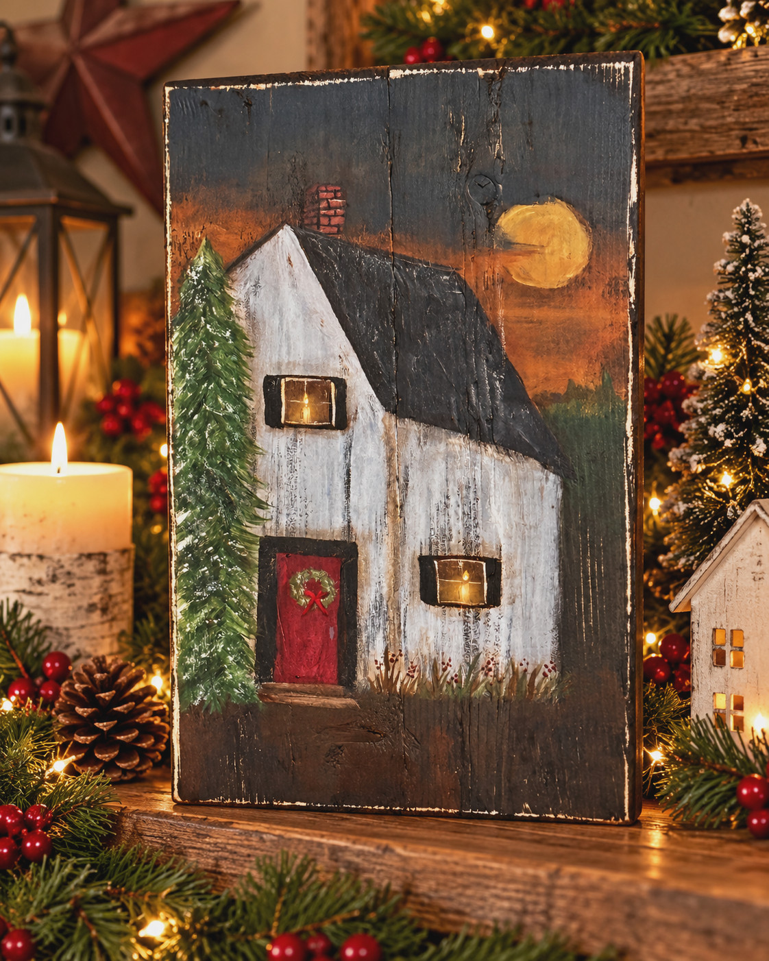 Christmas Farmhouse Moon Hand Painted Reclaimed Wood Primitive Wall Decor