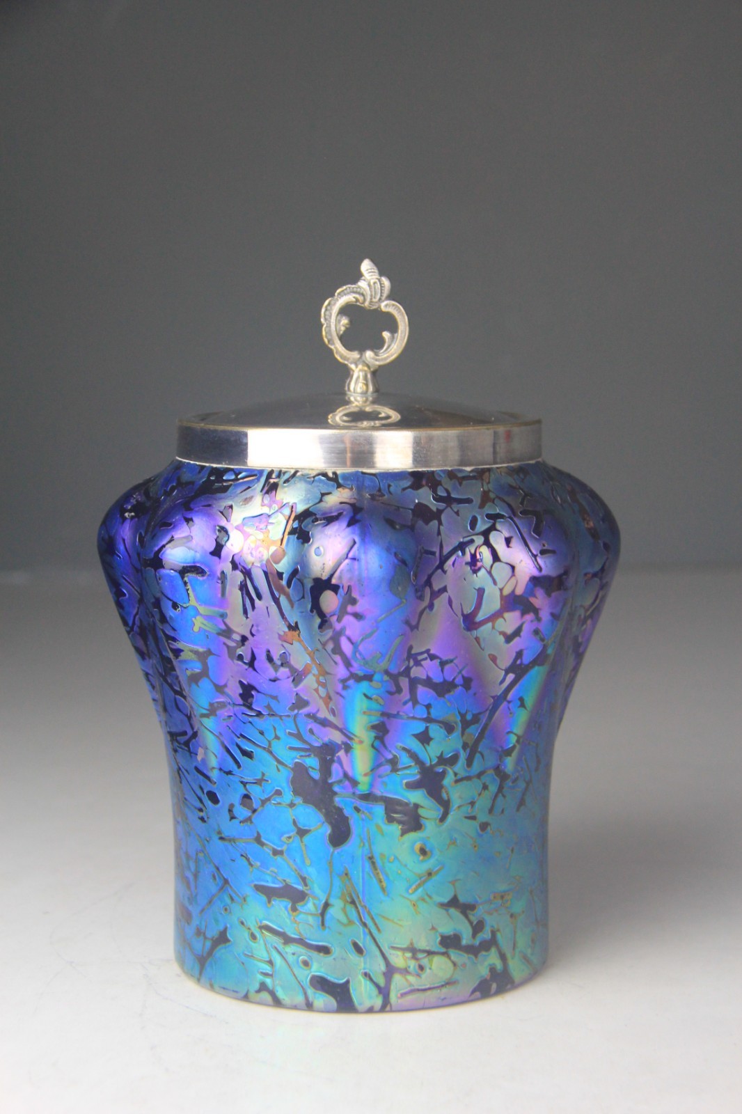 Art Nouveau Kralik Blue Iridescent Art Glass Biscuit Jar w/ Silverplate Top Art Nouveau Kralik Blue Iridescent Art Glass Biscuit Jar w/ Silverplate Top