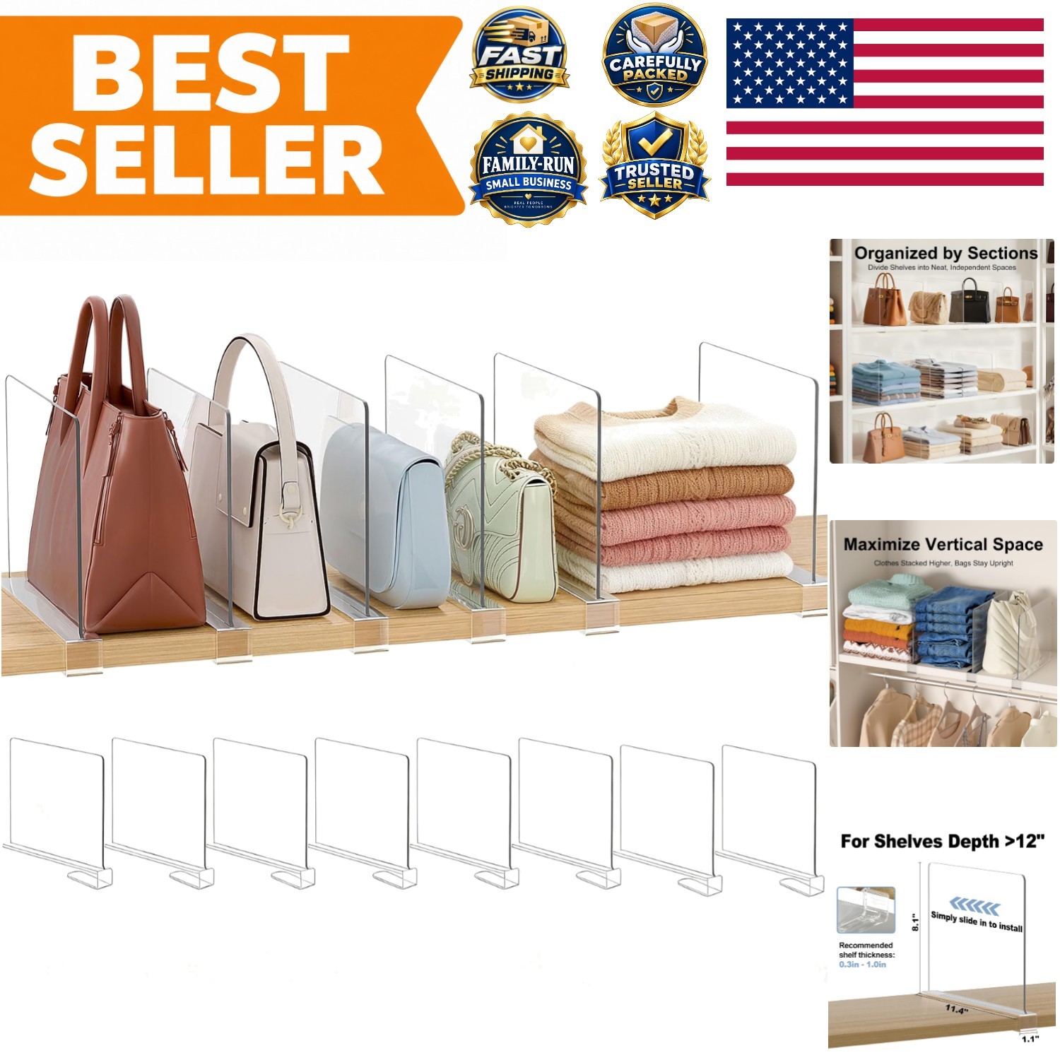 Elegant 8-Pack Clear Acrylic Shelf Dividers for Organized Storage Solutions