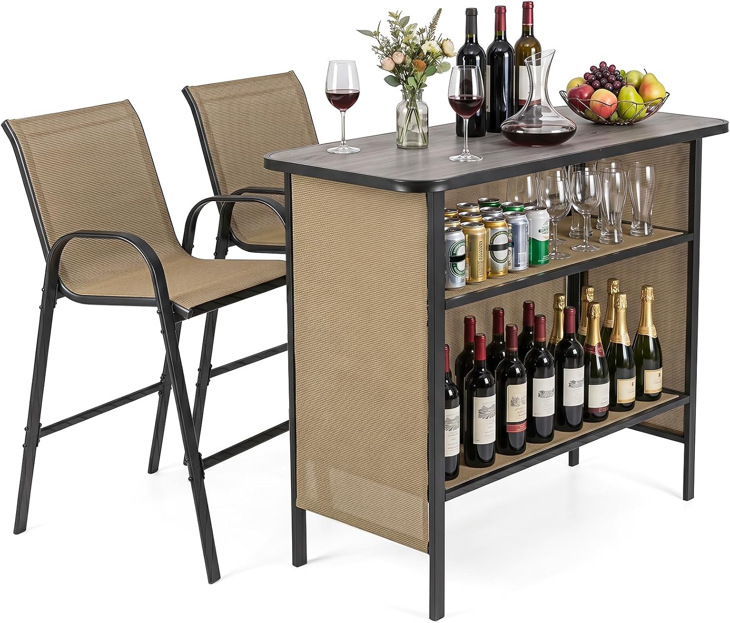 3 Piece Outdoor Bar Set, Patio Bar Height Table & Armchairs with Footrest, Wood 3 Piece Outdoor Bar Set, Patio Bar Height Table & Armchairs with Footrest, Wood