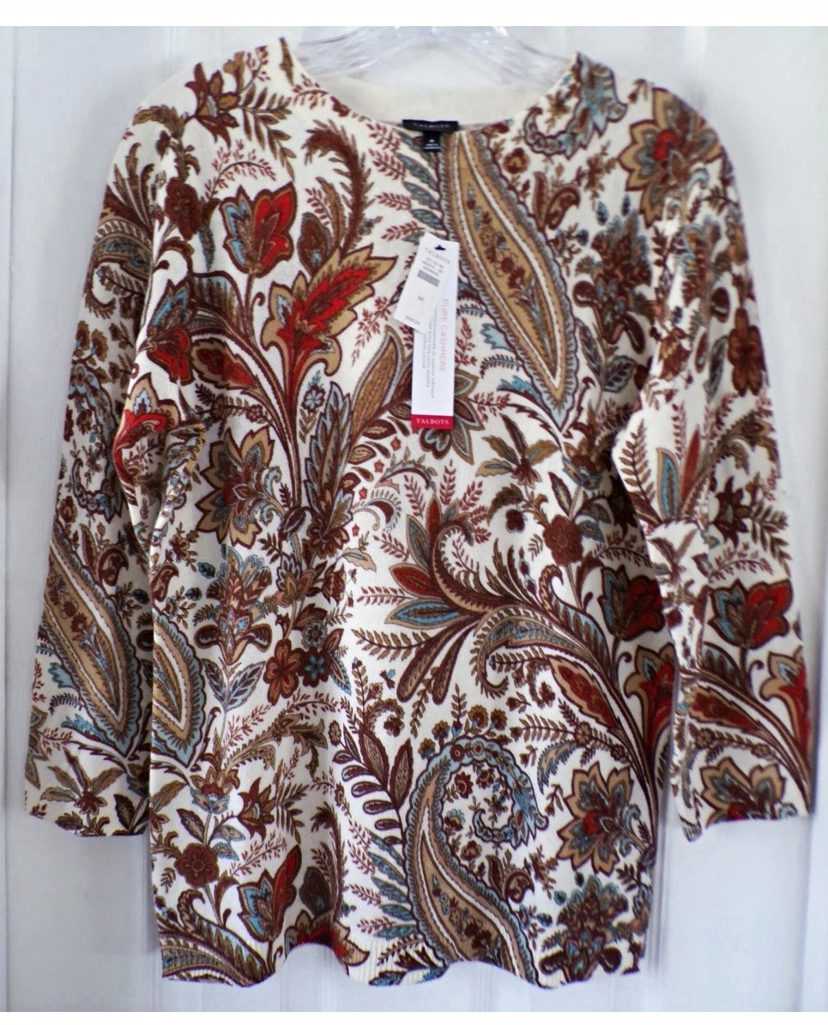 NWT Women’s Talbots M Paisley 100% Cashmere 3/4 Sleeve Pullover Sweater NWT Women’s Talbots M Paisley 100% Cashmere 3/4 Sleeve Pullover Sweater