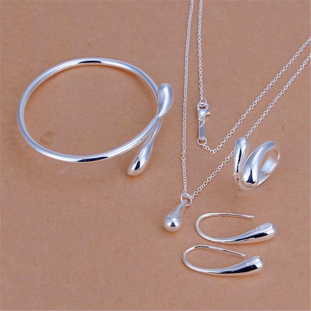 925 Sterling Silver Water Drop Jewelry Set Necklace Earrings Bracelet Ring Women 925 Sterling Silver Water Drop Jewelry Set Necklace Earrings Bracelet Ring Women