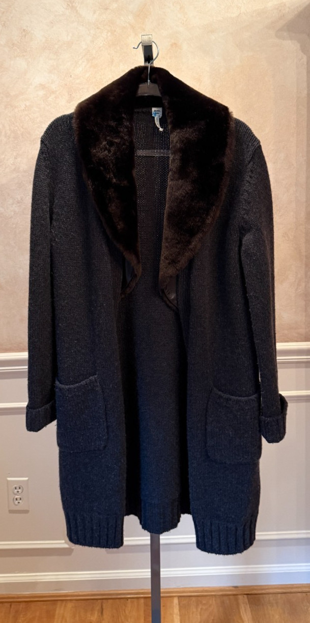 Vtg HERMES Gray Cashmere Coat Sweater Cardigan Brown Shearling Collar 42/10