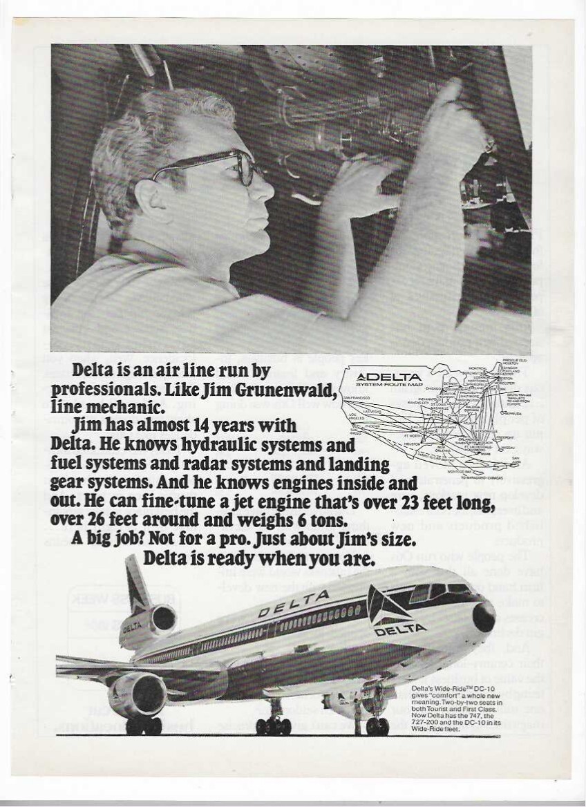 1973 Delta Airlines W/ Jim Grunenwald & Otis Advertising Vintage Print Ads 1973 Delta Airlines W/ Jim Grunenwald & Otis Advertising Vintage Print Ads
