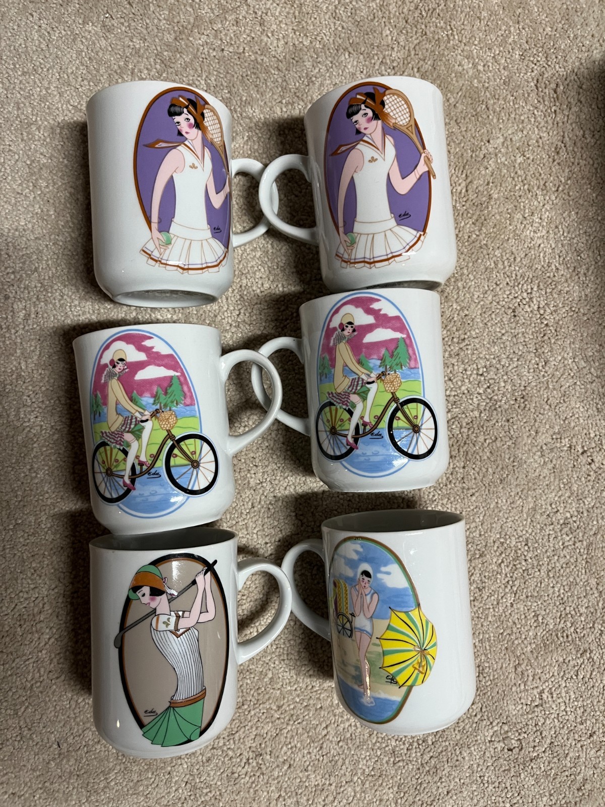Vintage 1976 Seymour Mann In Vogue Sportswoman Coffee Mugs Set of 6 Boxed