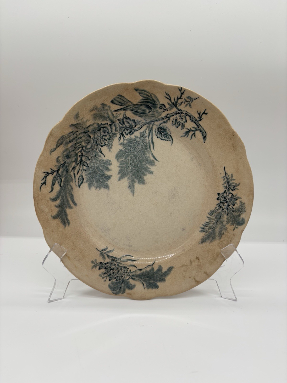 Stained, Crazed Antique Rörstrand Bella Bird Plate 10” Blue Transferware Sweden