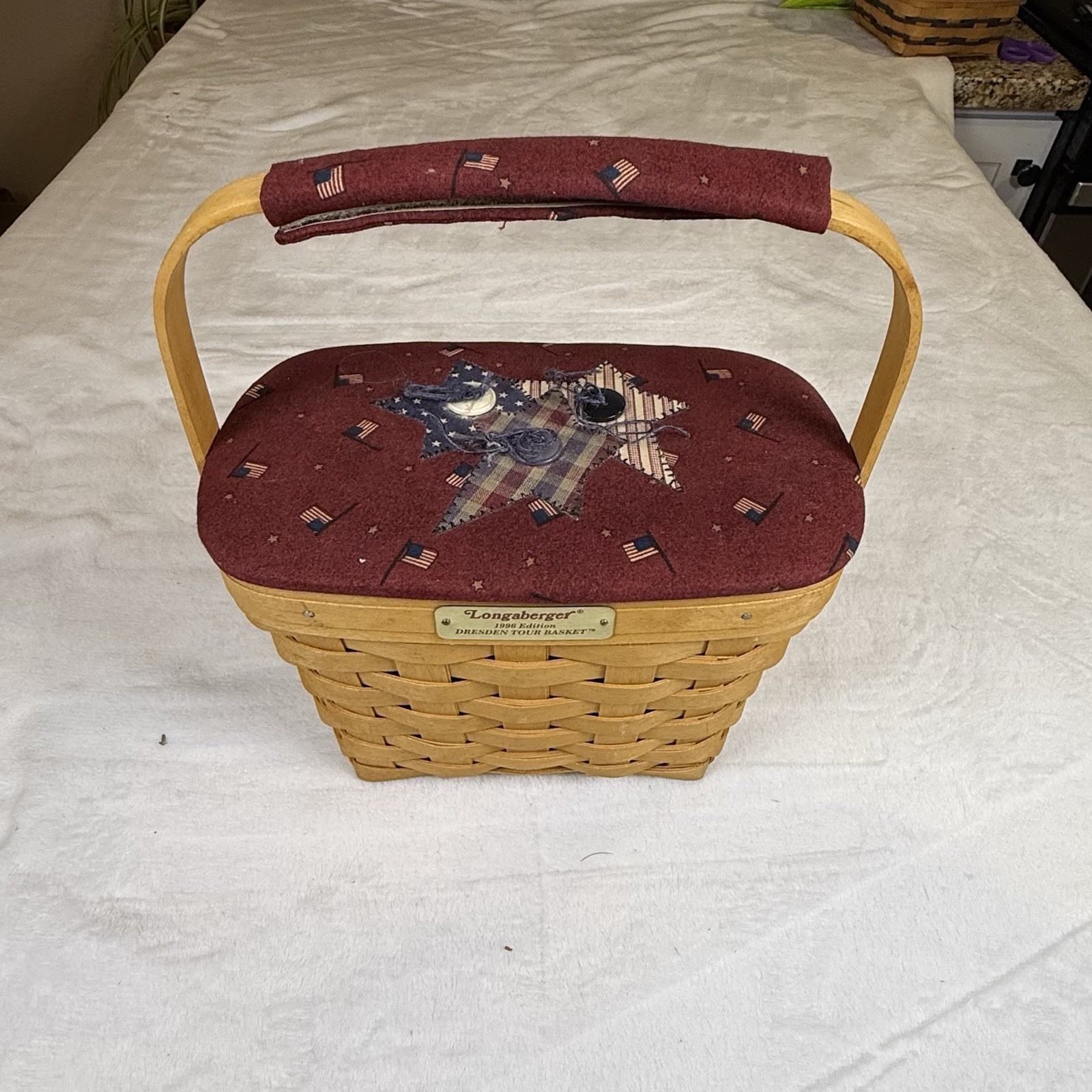Longaberger 1996 Dresden Tour Basket Signed Patriotic Lid Protector USA Longaberger 1996 Dresden Tour Basket Signed Patriotic Lid Protector USA