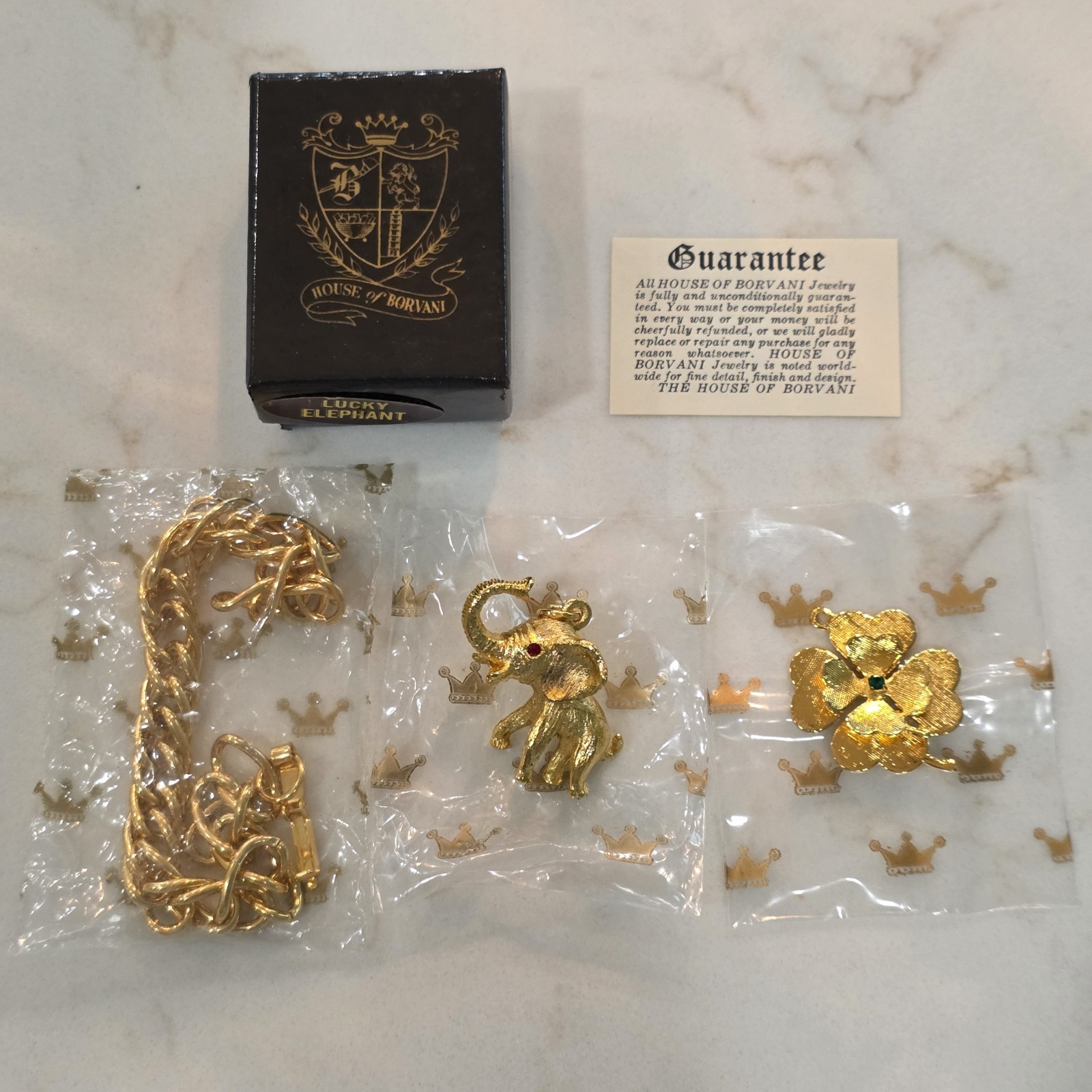 Vintage HOBCO House of Borvani Gold Tone Bracelet Elephant Clover Charms Papers 