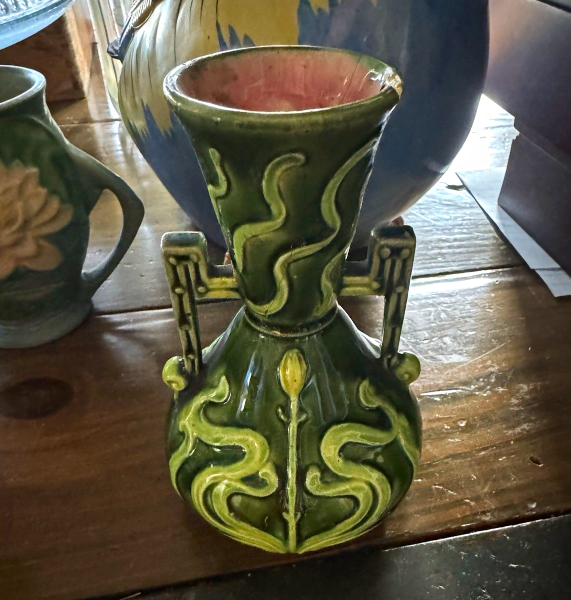 Julius Dressler Art Nouveau Pottery Ceramic Vase w/ Handles Green/Yellow Glaze