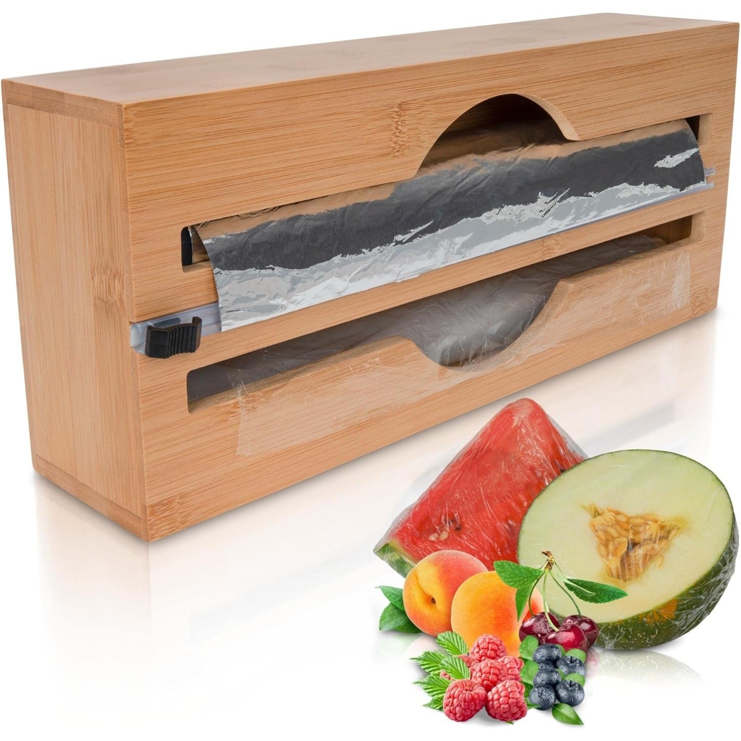 2in1 Bamboo Foil Dispenser with Cutter Built-in Plastic Slicer Foil Organizer 