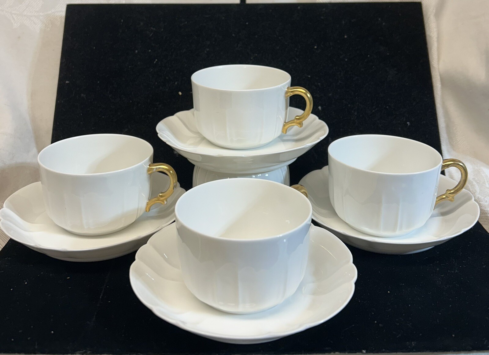 4  HAVILAND Limoges SCHLEIGER # 10 White Embossed CUPS & SAUCERS w Gold Handles