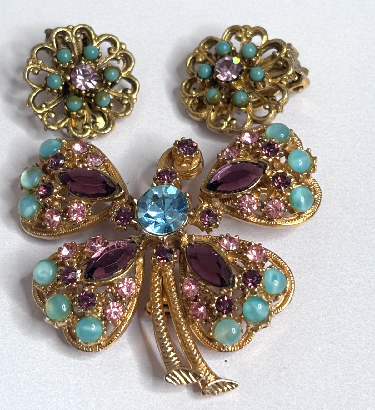 Vintage Florenza Trembler Butterfly Brooch Purple Blue Gold + Earrings 2