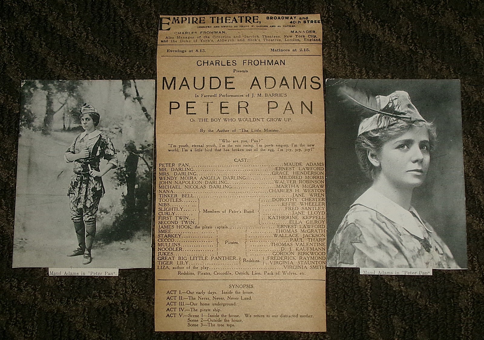 Maude Adams Peter Pan 1908 Program Empire Theatre NYC 2 Costume Postcards RARE
