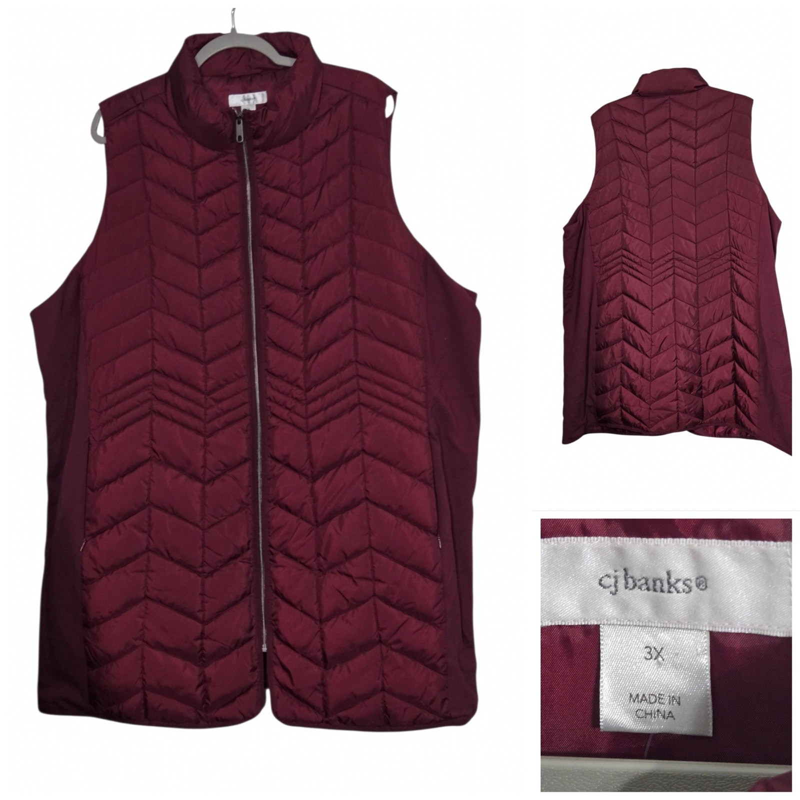 CJ Banks Womens 3X Burgundy Quilted Puffer Vest Chevron Full Zip A485341 CJ Banks Womens 3X Burgundy Quilted Puffer Vest Chevron Full Zip A485341