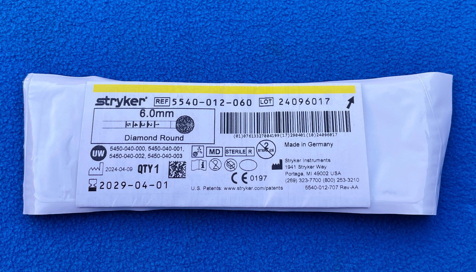 Stryker Diamond Round - 6.0mm - Model 5540-012-060 - NEW