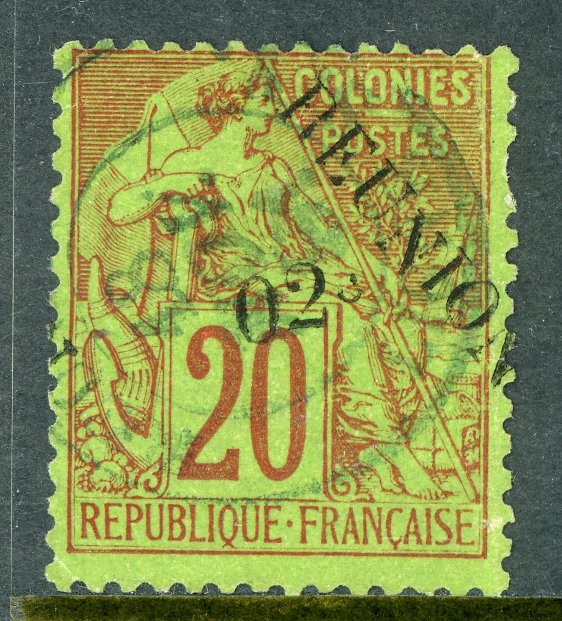France Colonies 1891 Reunion 2¢/20¢ Red/Green Scott #29 VFU O508 France Colonies 1891 Reunion 2¢/20¢ Red/Green Scott #29 VFU O508