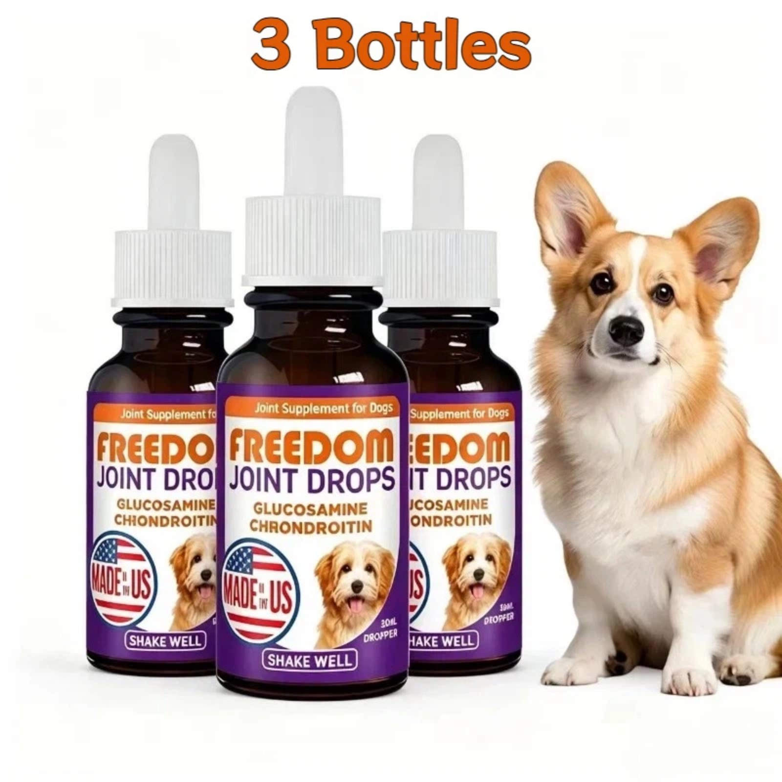 3 PACK Freedom Joint Drops For Dogs,Glucosamine, & Chondroitin, 30Ml Dropper,US