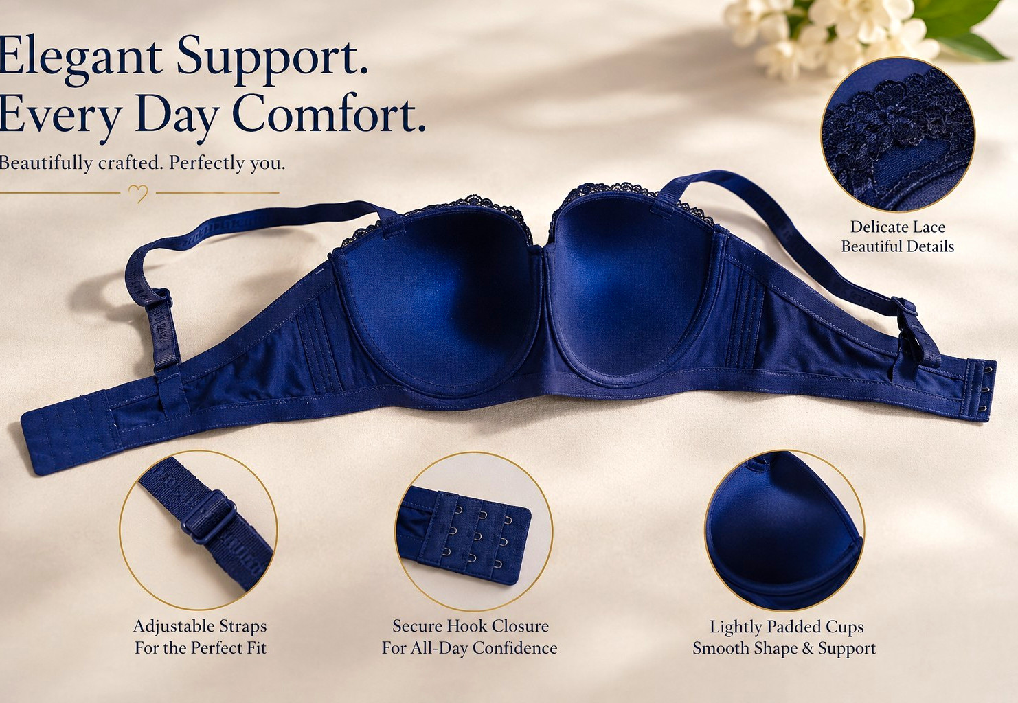 Women’s Blue Lace Underwired Balconette Bra, Lightly Padded, 44D Hook & Eye Women’s Blue Lace Underwired Balconette Bra, Lightly Padded, 44D Hook & Eye