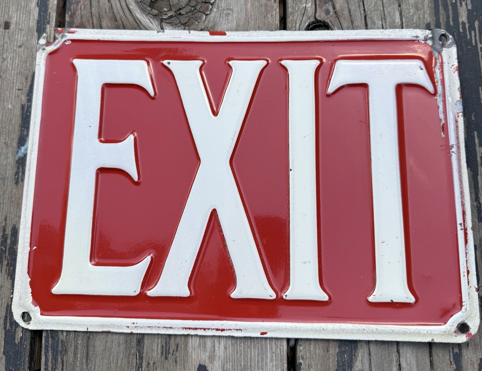 Vintage 1940s Exit Sign Porcelain Embossed 10x7” Red & White Metal Sign Man Cave Vintage 1940s Exit Sign Porcelain Embossed 10x7” Red & White Metal Sign Man Cave