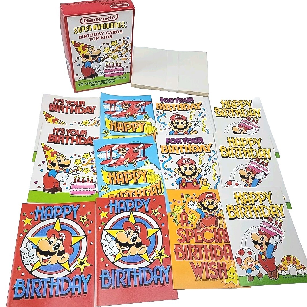 VTG Super Mario Bros Birthday Card Box Of 12 Assorted W/Envelopes Unused NEW NOS VTG Super Mario Bros Birthday Card Box Of 12 Assorted W/Envelopes Unused NEW NOS