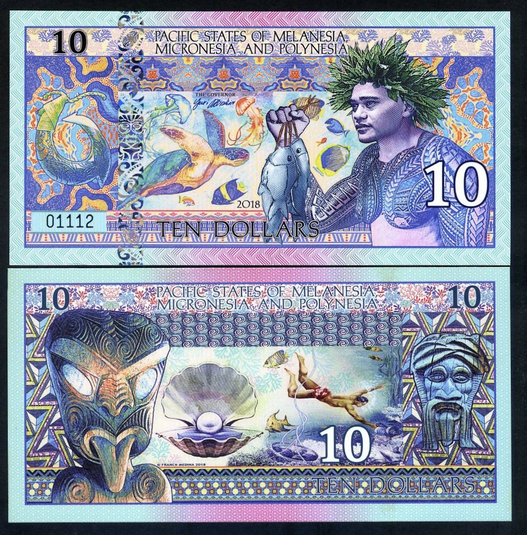 Pacific States of MMP $10 Private Issue Polymer - Fisherman, Sea Turtle, Diver F