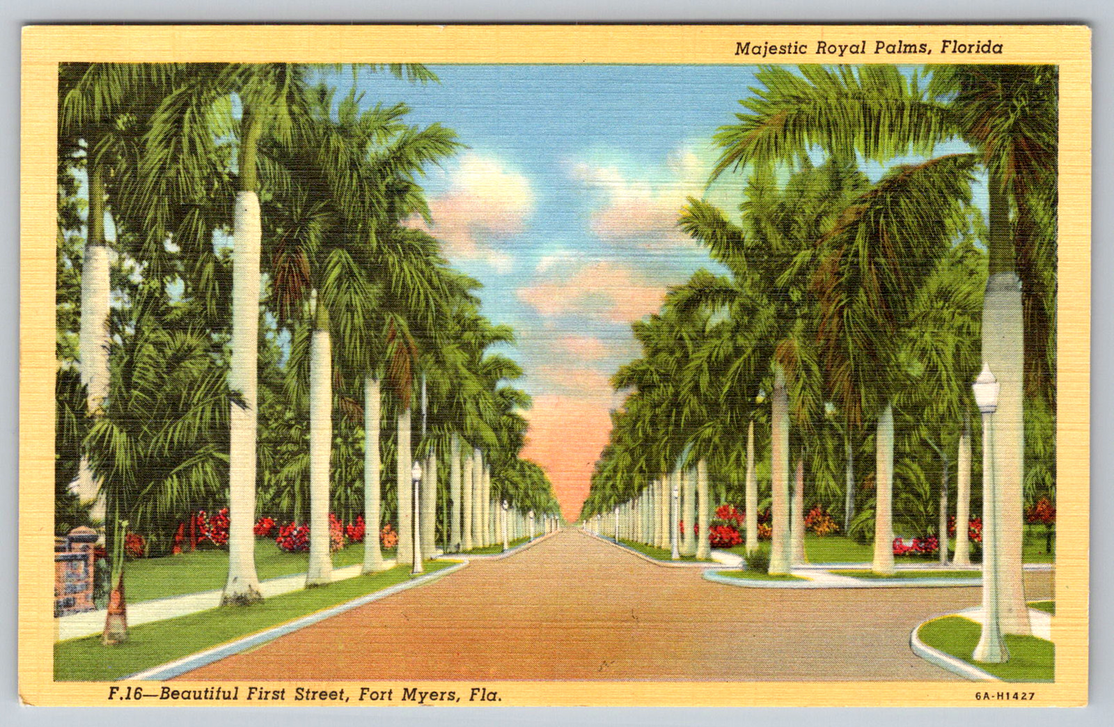 c1940s Fort Myers FL Beautiful First St Majestic Royal Palms Linen Postcard