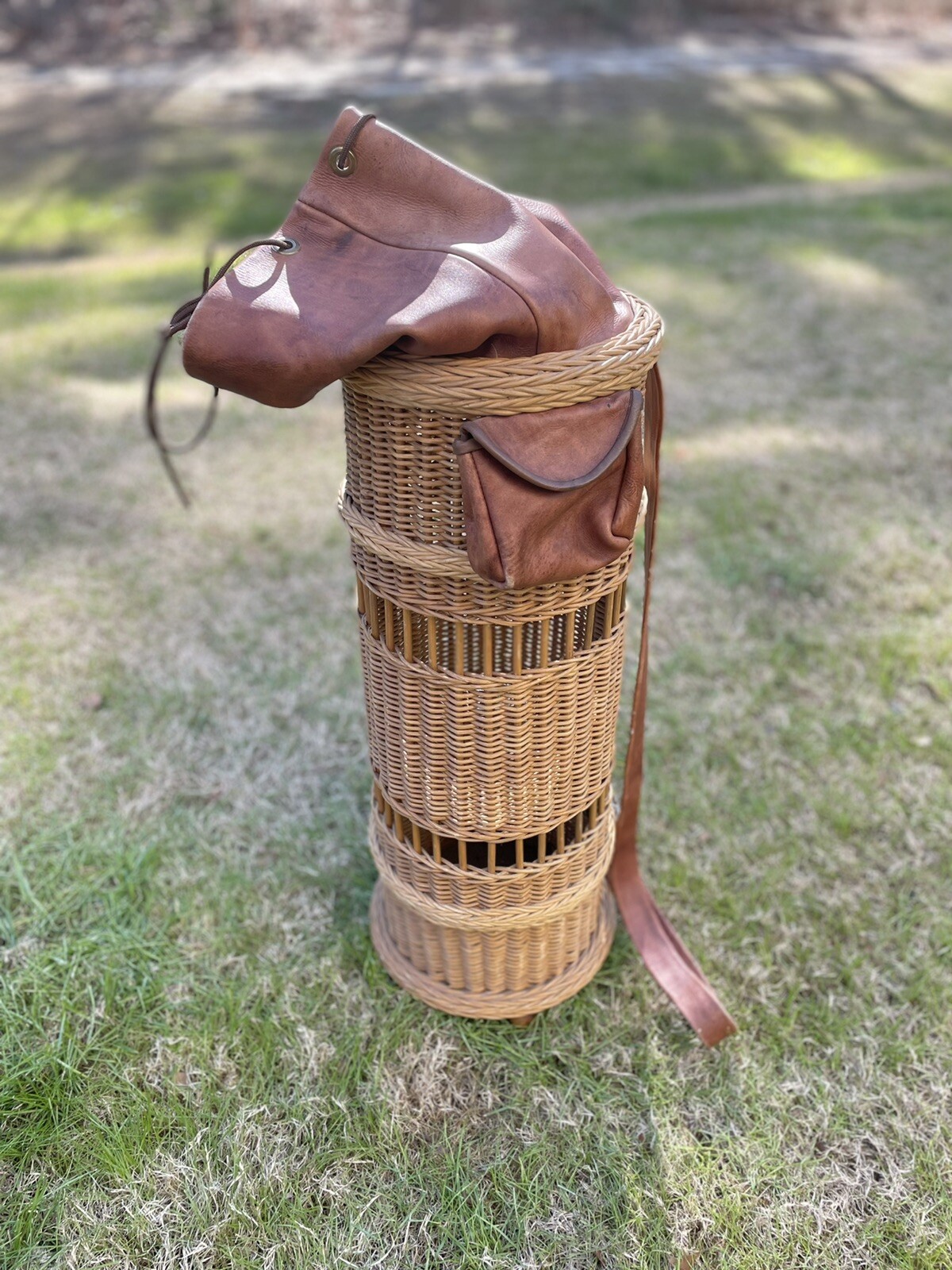 Vintage Wicker Golf Bag Decor Leather Strap & Pocket Vintage Wicker Golf Bag Decor Leather Strap & Pocket
