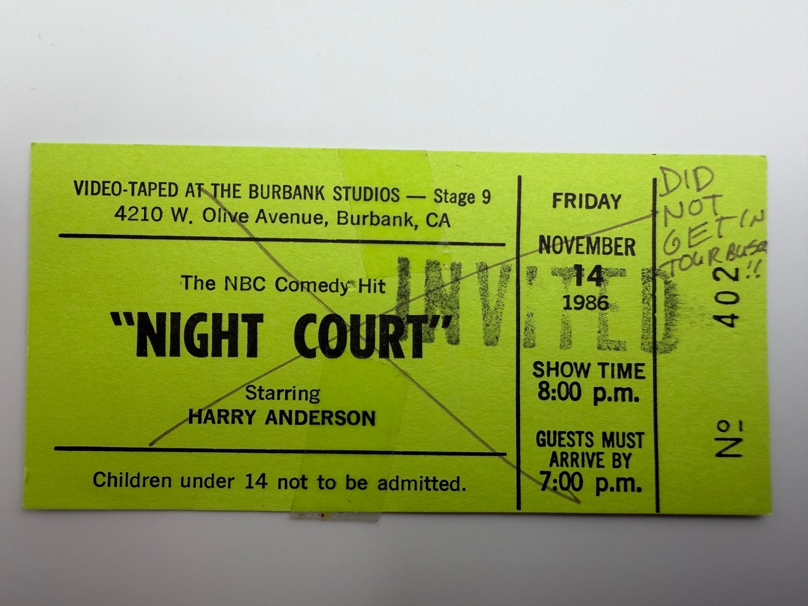 Vintage NBC Night Court Studio Audience Ticket November 14, 1986 Harry Anderson Vintage NBC Night Court Studio Audience Ticket November 14, 1986 Harry Anderson
