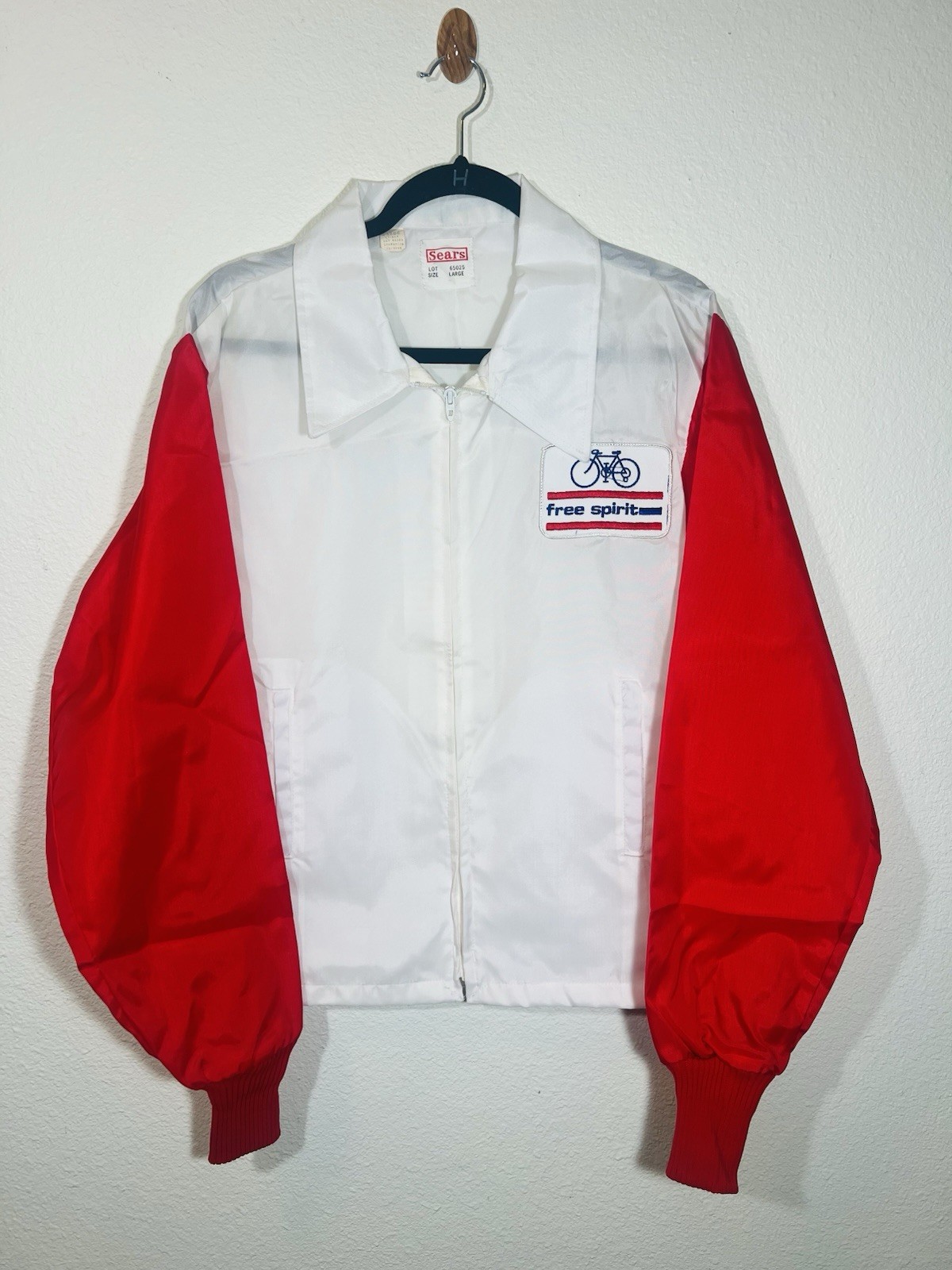 Vintage 70s Sears Free Spirit Bicycle Windbreaker Jacket Red White Nylon Zip L