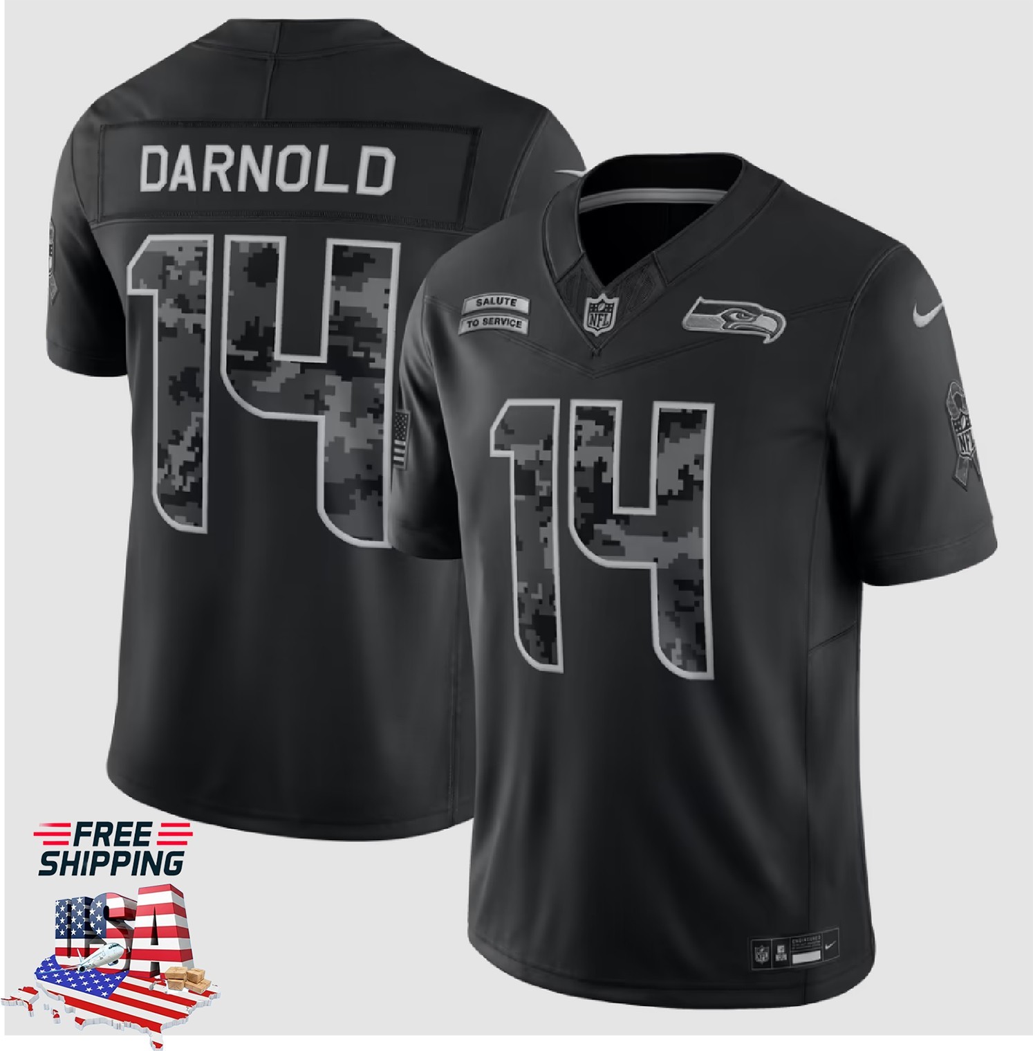 Men\'s Seattle Seahawks Sam Darnold Black 2026 Salute to Service Custom Stitched