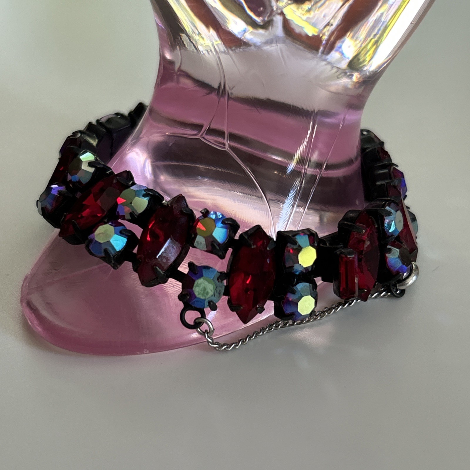 VTG Regency Red fuchsia AB Rhinestone Bracelet Matte Black Metal VTG Regency Red fuchsia AB Rhinestone Bracelet Matte Black Metal