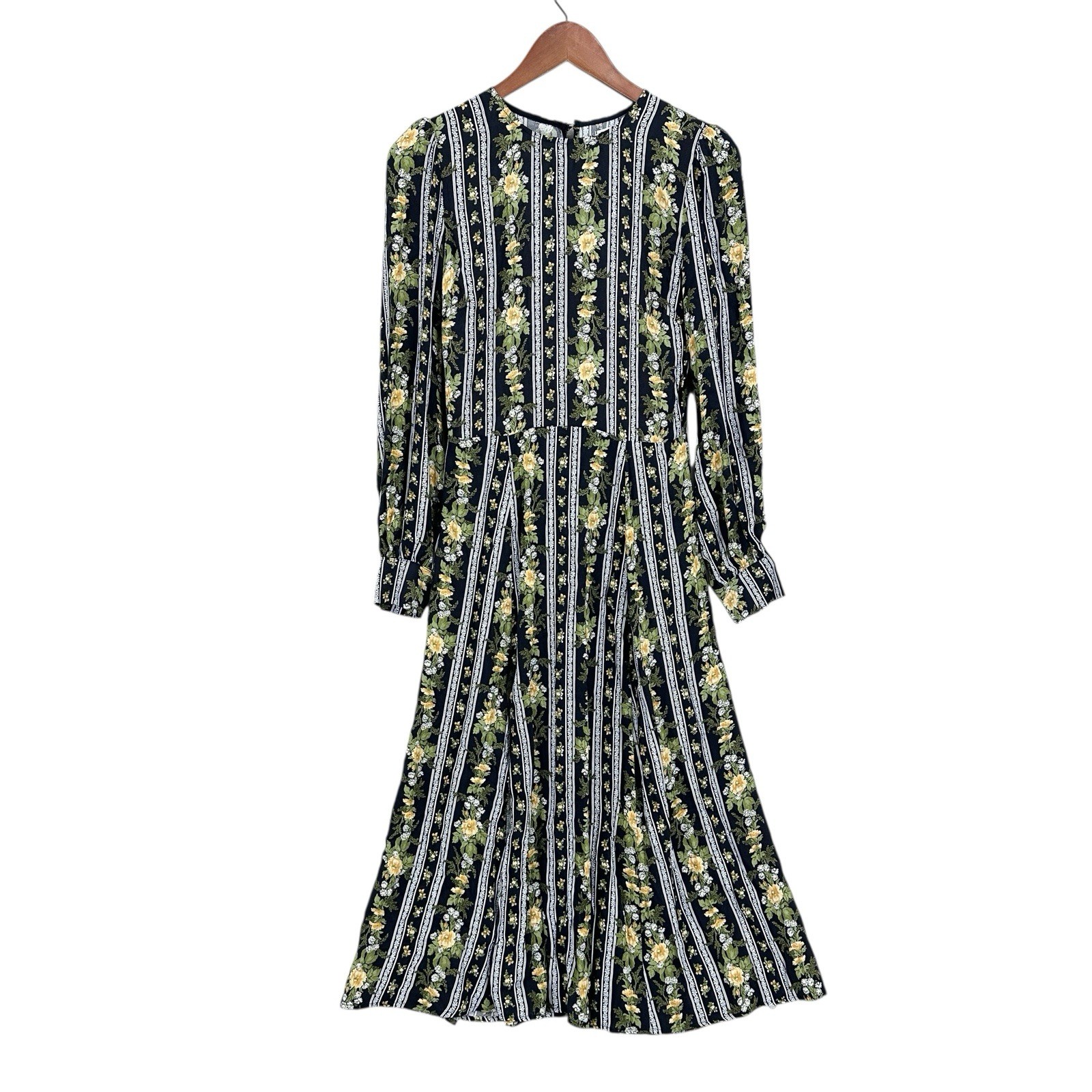 REFORMATION Creed Dress 6 Long Sleeve Midi Slit Black Yellow Floral Stripe W673 REFORMATION Creed Dress 6 Long Sleeve Midi Slit Black Yellow Floral Stripe W673
