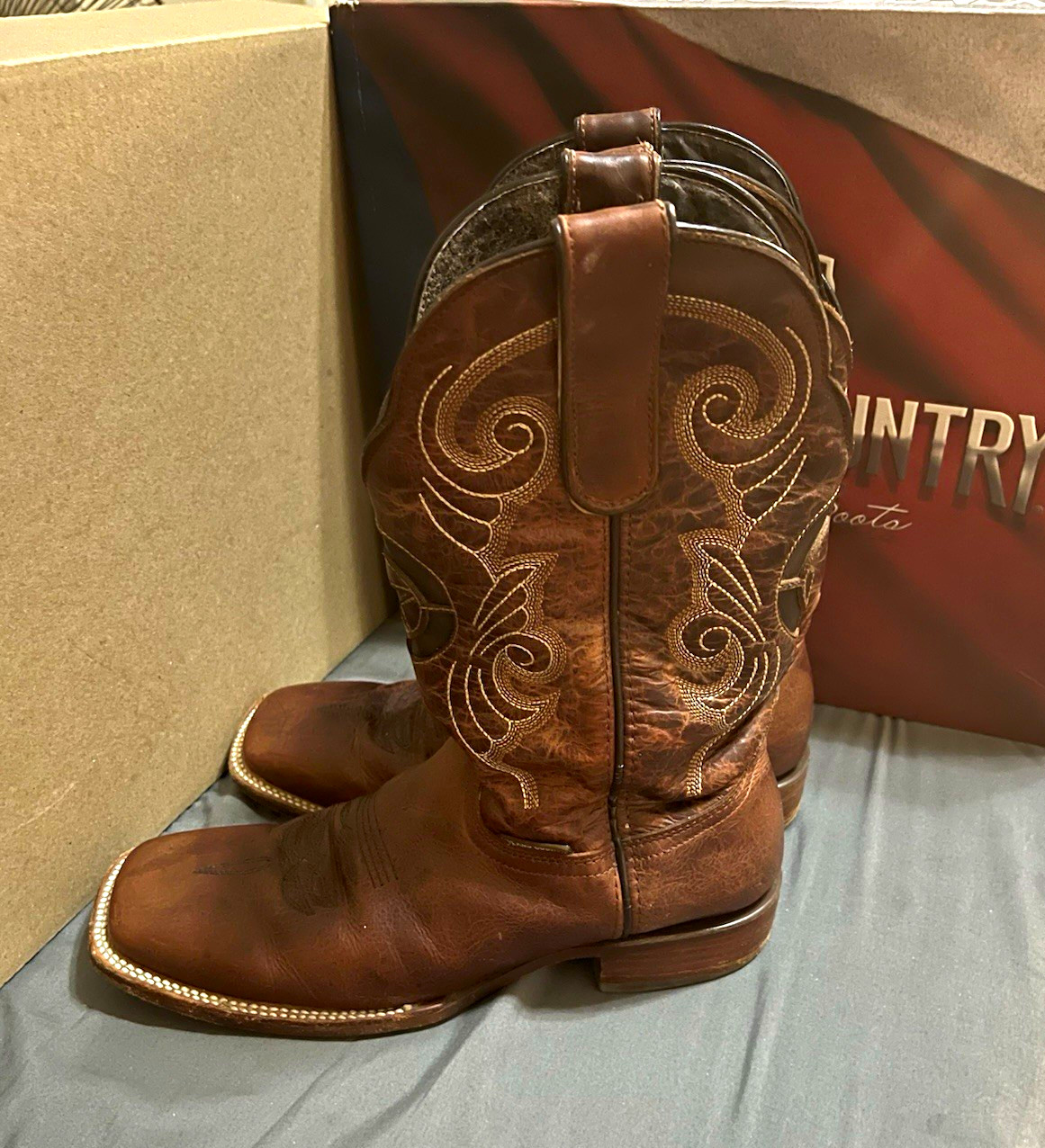 Texas Country Brown Leather Country Western Cowboy Boots Square Toe Embroidered Texas Country Brown Leather Country Western Cowboy Boots Square Toe Embroidered