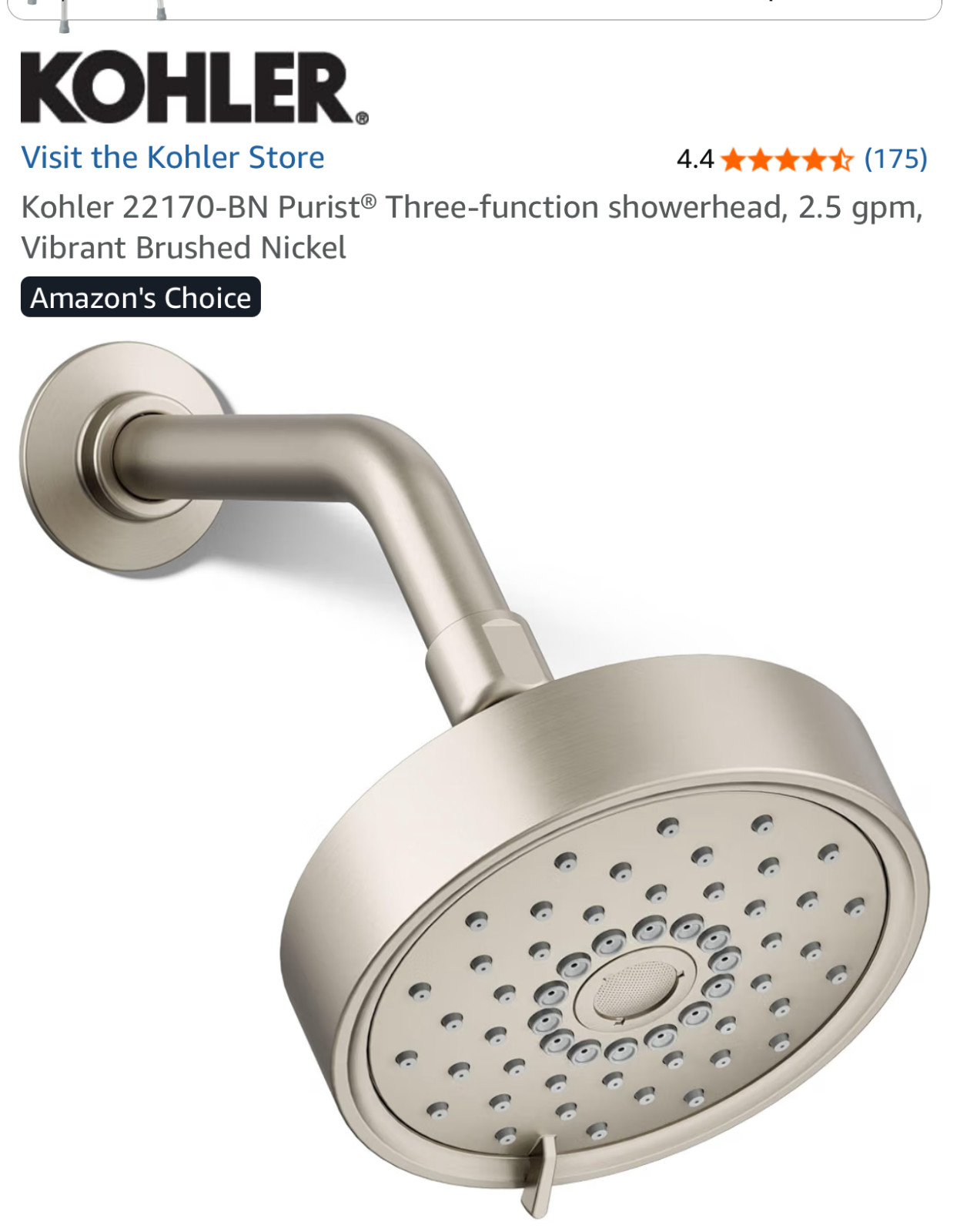 Kohler 22170-BN Purist Three-function Showerhead Brushed Nickel New Kohler 22170-BN Purist Three-function Showerhead Brushed Nickel New